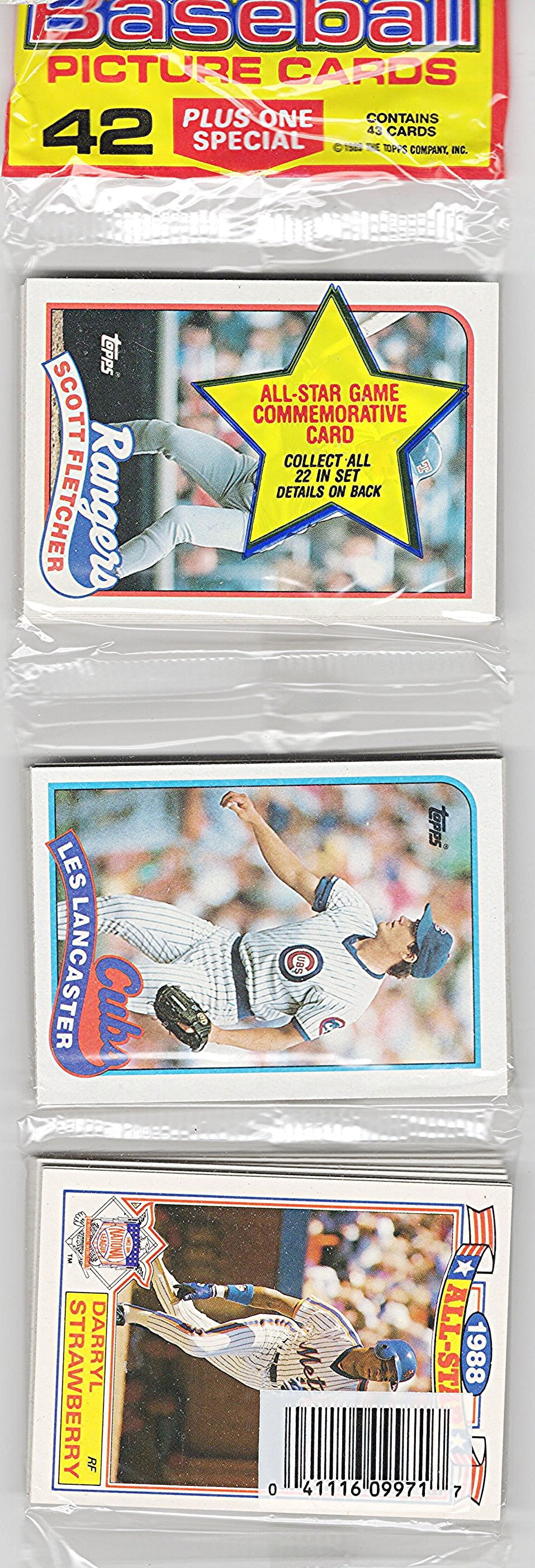 1989 Topps Baseball Cards Hanger Rack Pack Darryl Strawberry All-Star on Front Jim Abbott RC Back (1 of 2)