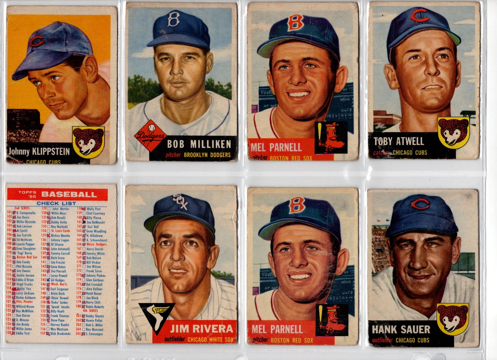 Lot of 7 1953 Topps Baseball Cards & 1 1956 Topps Checklist. Conditions Vary, See Pictures (1 of 2)