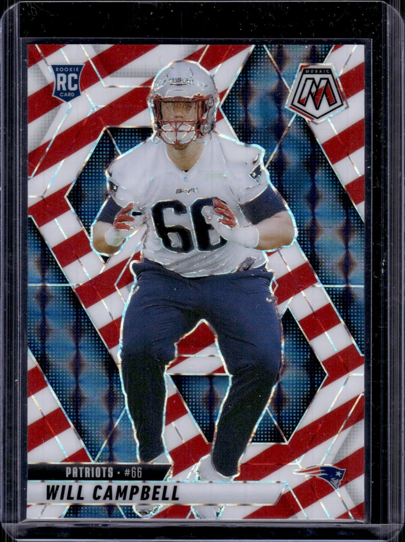 Will Campbell Red/White Stripe Prizm Rookie 2025 Mosaic #378 Patriots: Panini Select, Prizm, Mosaic, Contenders, Zenith, Phoenix, Illusions, Absolute, Rookie NFL Sports Trading Cards, SP, SSP, Cards, Football Cards for Sale Near Me, Superbowl & Hall of Fame Player Cards,