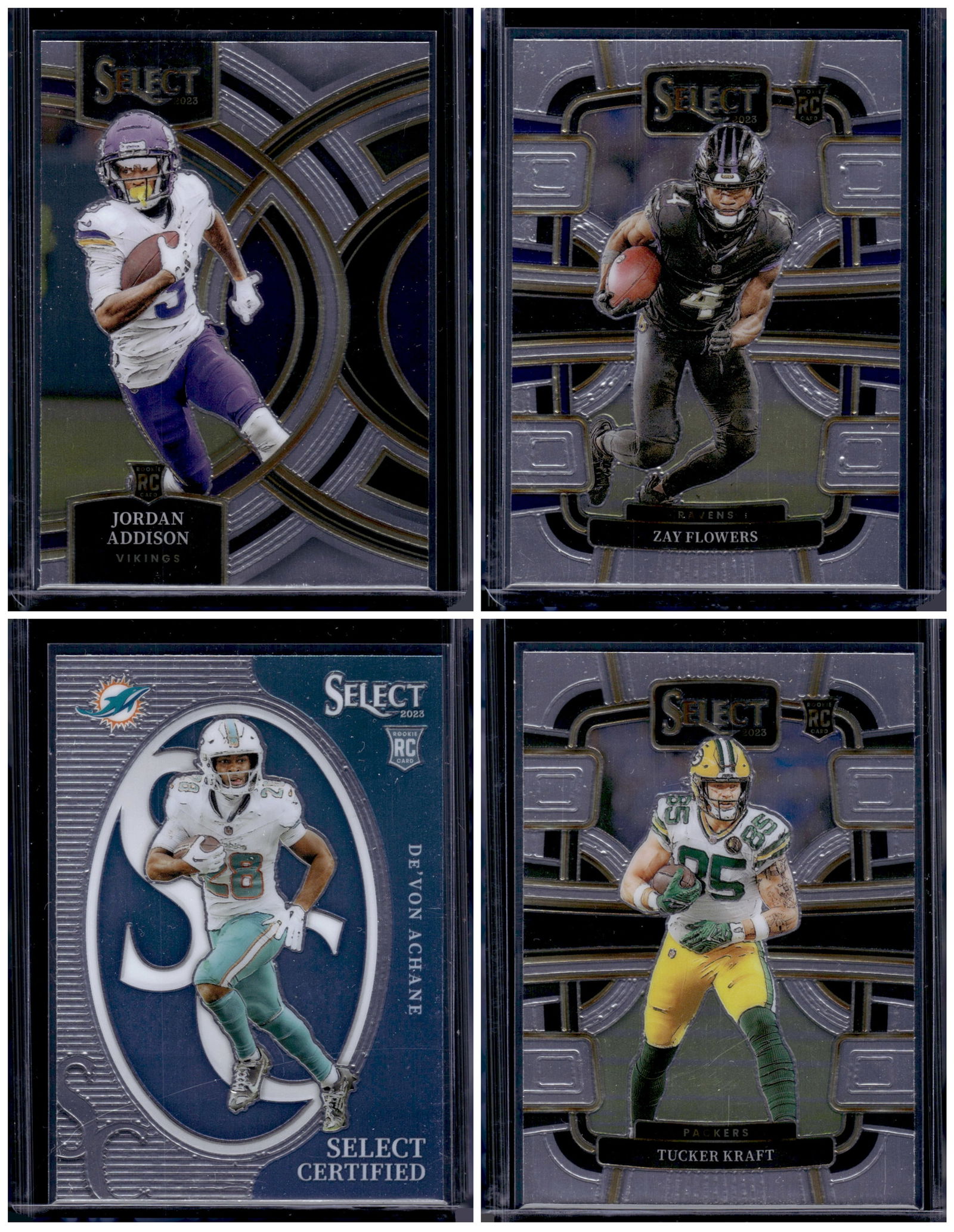 Lot of 4 2023 Select NFL Rookie Cards. Addison, Flowers, Achane, Kraft: Panini Select, Prizm, Mosaic, Contenders, Zenith, Phoenix, Illusions, Absolute, Rookie NFL Sports Trading Cards, SP, SSP, Cards, Football Cards for Sale Near Me, Superbowl & Hall of Fame Player Cards,