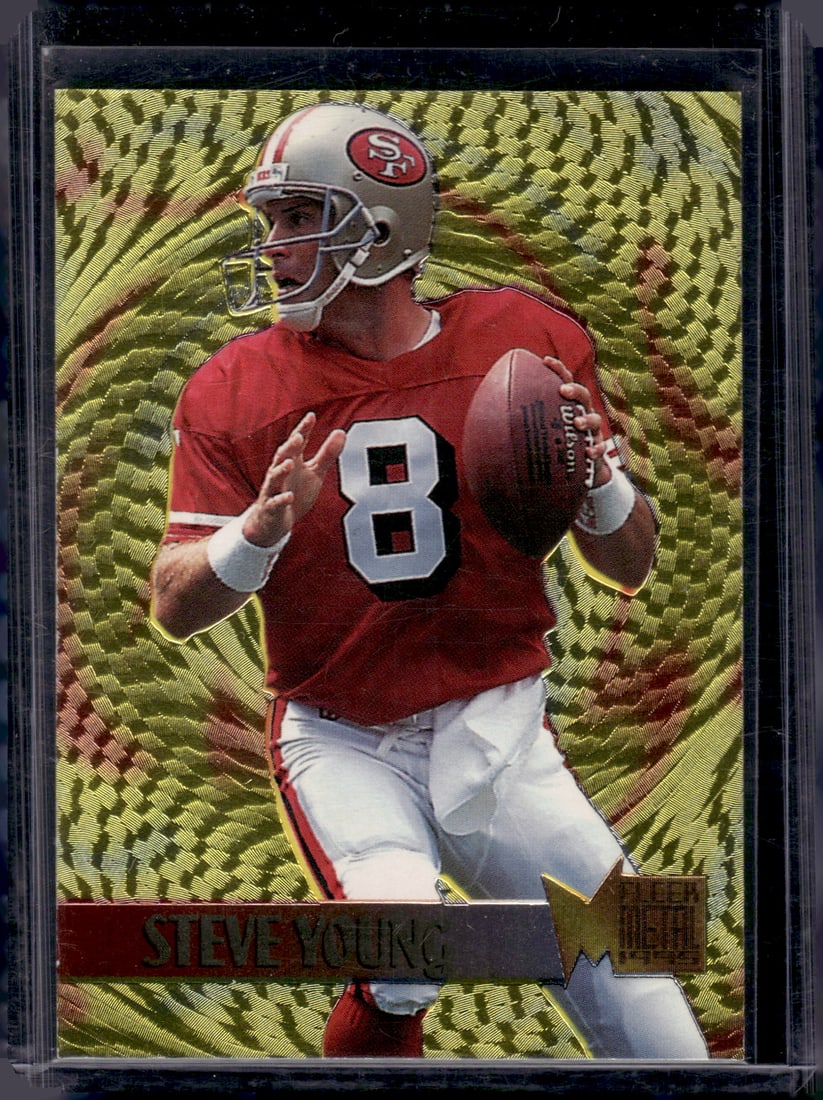 Steve Young Gold Blaster 1995 Fleer Metal #18 San Francisco 49ers: Fleer Vintage Football NFL Trading Cards, Old Sports Cards for Sale Near Me, Hall of Fame & Super Bowl Player Cards, Auction Memorabilia Lots for Sale on Line
