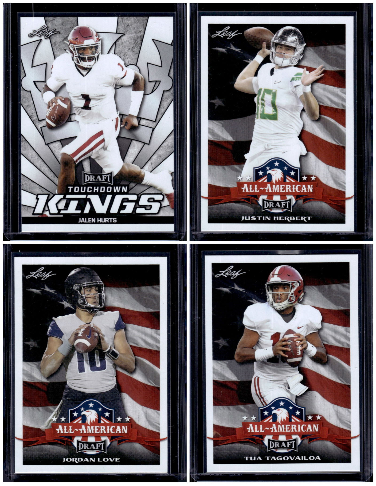 Lot of 4 2020 Leaf Draft QB Rookie Cards. Hurts, Herbert, Love, Tagovailoa: Leaf, Vintage Football NFL Trading Cards, Old Sports Cards for Sale Near Me, Hall of Fame & Super Bowl Player Cards, Auction Memorabilia Lots for Sale on Line