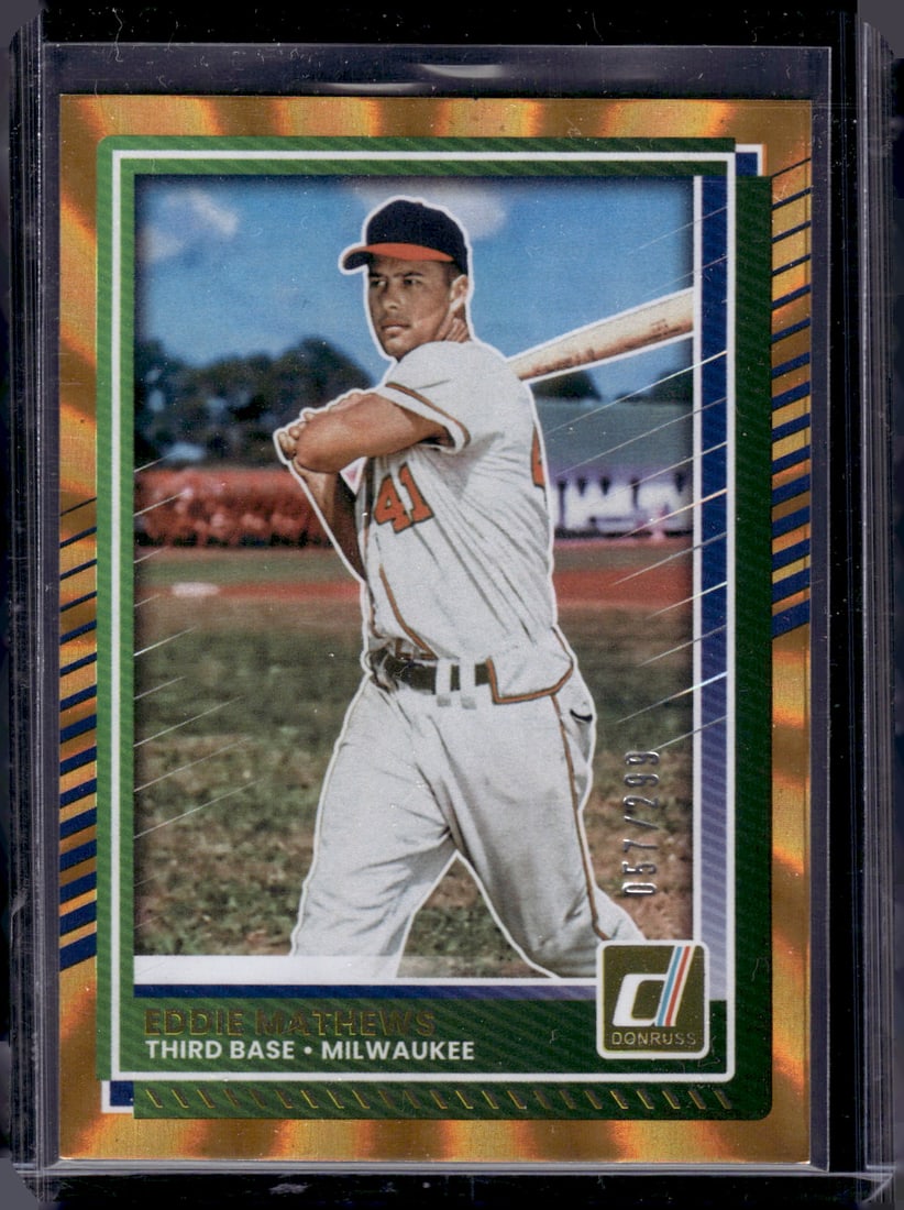 Eddie Matthews Orange Holo Laser /299 2025 Panini Donruss #67 Milwaukee: Donruss Baseball MLB Trading & Sports Cards, Sports Cards for Sale Near Me, Prizm, Mosaic, Select, SP, SSP, Auction Memorabilia Lots for Sale On Line, World Series & Hall of Fame Players, Diamond King