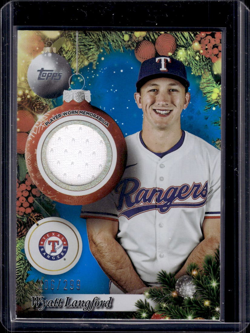Wyatt Langford Blue Foil Patch /299 2025 Topps Holiday #PR-WL Texas Rangers (1 of 2)