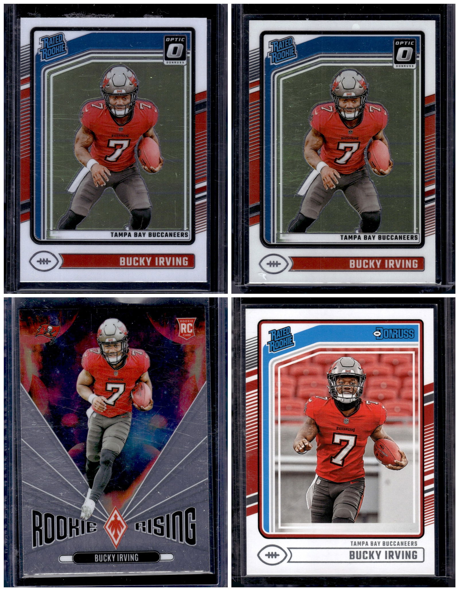 Lot of 4 Bucky Irving Rookie Cards. 2 Donruss Optic, 1 Donurss, 1 Phoenix Rookie Rising: Panini Select, Prizm, Mosaic, Contenders, Zenith, Phoenix, Illusions, Absolute, Rookie NFL Sports Trading Cards, SP, SSP, Cards, Football Cards for Sale Near Me, Superbowl & Hall of Fame Player Cards,