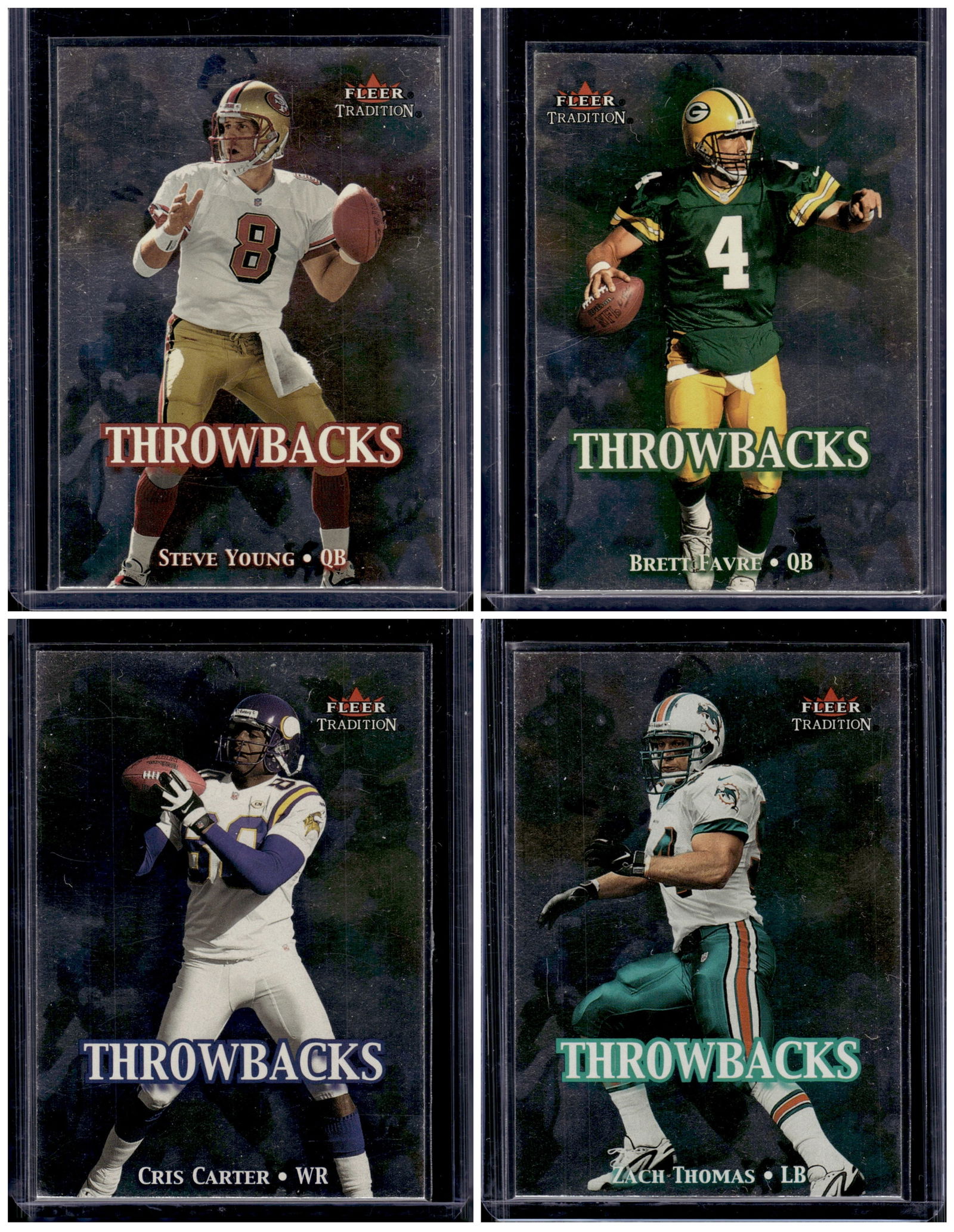 Lot of 4 2000 Fleer Tradition NFL Cards. Steve Young, Brett Favre, Cris Carter, Zach Thomas (1 of 2)