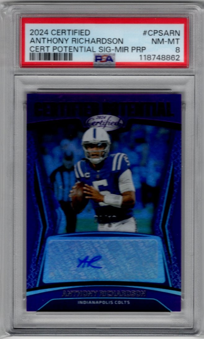 Anthony Richardson Purple Mirror Auto /10 2024 Certified #CPS-ARN PSA 8 Colts: Panini Select, Prizm, Mosaic, Contenders, Zenith, Phoenix, Illusions, Absolute, Rookie NFL Sports Trading Cards, SP, SSP, Cards, Football Cards for Sale Near Me, Superbowl & Hall of Fame Player Cards,