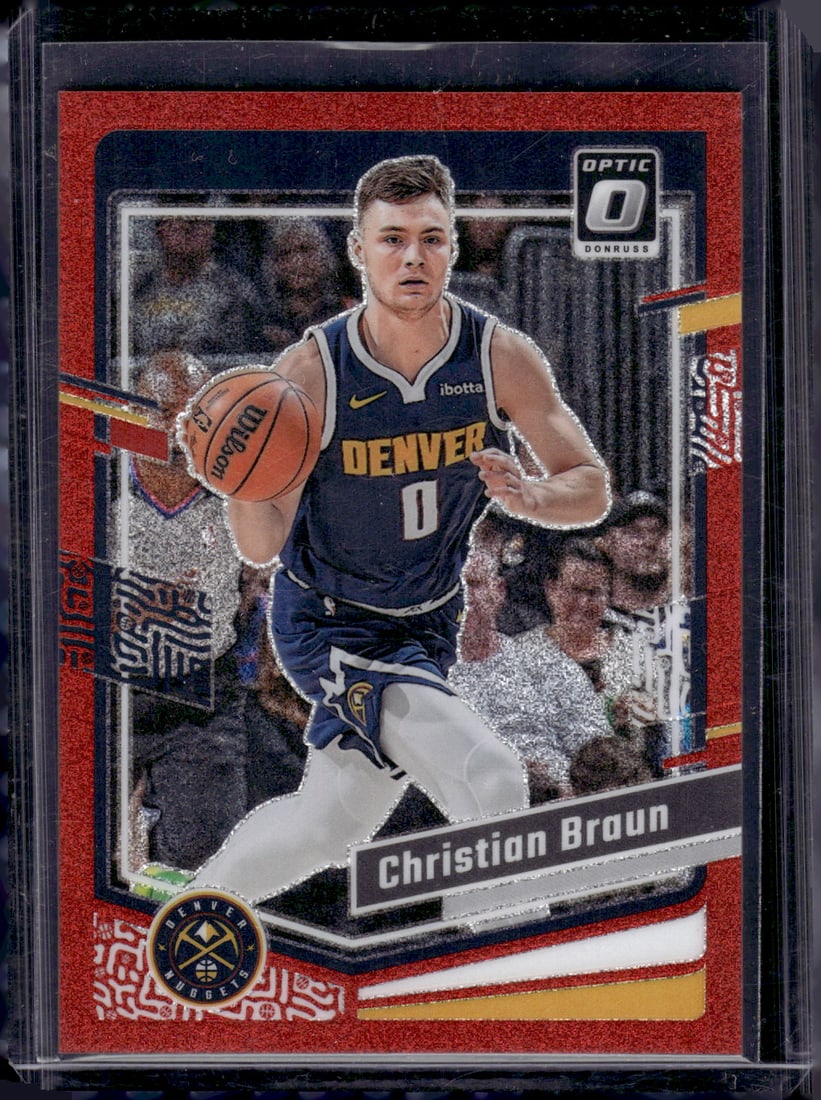 Christian Braun Red Glitter /75 2023-24 Donruss Optic #60 Denver Nuggets: Panini Select, Prizm, Mosaic, Contenders, Revolution, Phoenix, NBA Hoops, Rookie NFL Sports Trading Cards, Silver, SP, SSP, Wave Prizms, Numbered Cards, Basketball sports Cards for Sale Near Me, NBA C