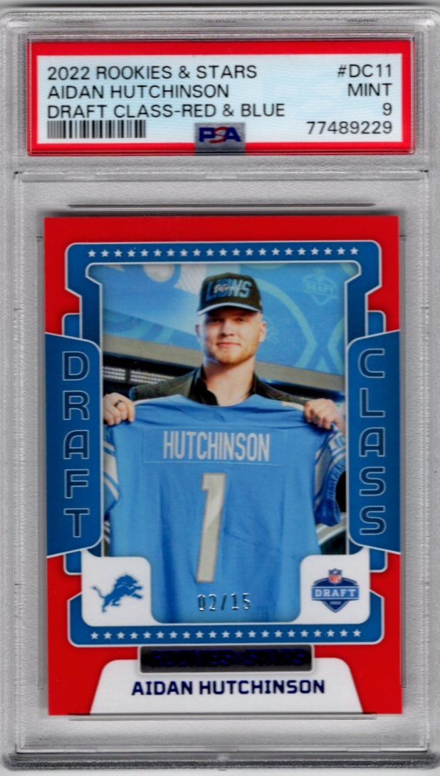 Aidan Hutchinson Rookie Card Red & Blue /15 2022 Rookies & Stars #DC11 PSA 9 Lions: Panini Select, Prizm, Mosaic, Contenders, Zenith, Phoenix, Illusions, Absolute, Rookie NFL Sports Trading Cards, SP, SSP, Cards, Football Cards for Sale Near Me, Superbowl & Hall of Fame Player Cards,