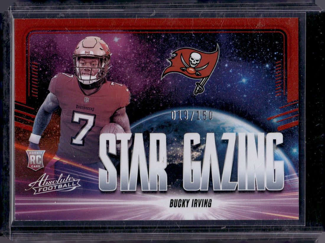 Bucky Irving Rookie Card Star Gazing Red /150 2024 Absolute #SG-BIG Buccaneers: Panini Select, Prizm, Mosaic, Contenders, Zenith, Phoenix, Illusions, Absolute, Rookie NFL Sports Trading Cards, SP, SSP, Cards, Football Cards for Sale Near Me, Superbowl & Hall of Fame Player Cards,