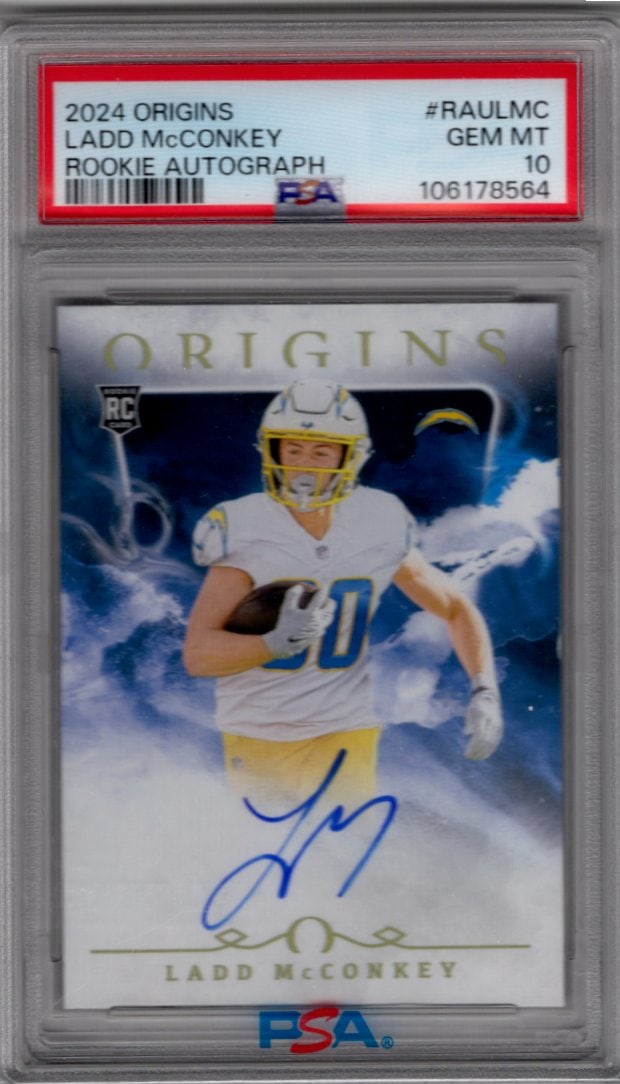 Ladd McConkey Rookie Auto 2024 Origins #RAU-LMC PSA 10 Los Angeles Chargers: Panini Select, Prizm, Mosaic, Contenders, Zenith, Phoenix, Illusions, Absolute, Rookie NFL Sports Trading Cards, SP, SSP, Cards, Football Cards for Sale Near Me, Superbowl & Hall of Fame Player Cards,