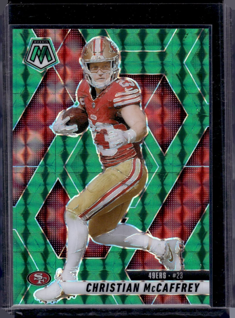 Christian McCaffrey Green Mosaic Prizm 2025 Mosaic #179 49ers: Panini Select, Prizm, Mosaic, Contenders, Zenith, Phoenix, Illusions, Absolute, Rookie NFL Sports Trading Cards, SP, SSP, Cards, Football Cards for Sale Near Me, Superbowl & Hall of Fame Player Cards,