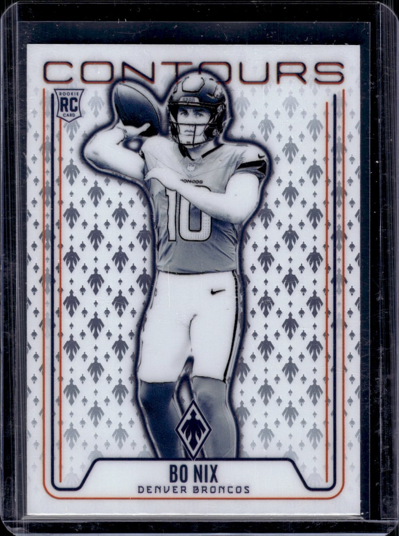 Bo Nix Rookie Card Contours 2024 Phoenix #CON-BNX Denver Broncos: Panini Select, Prizm, Mosaic, Contenders, Zenith, Phoenix, Illusions, Absolute, Rookie NFL Sports Trading Cards, SP, SSP, Cards, Football Cards for Sale Near Me, Superbowl & Hall of Fame Player Cards,