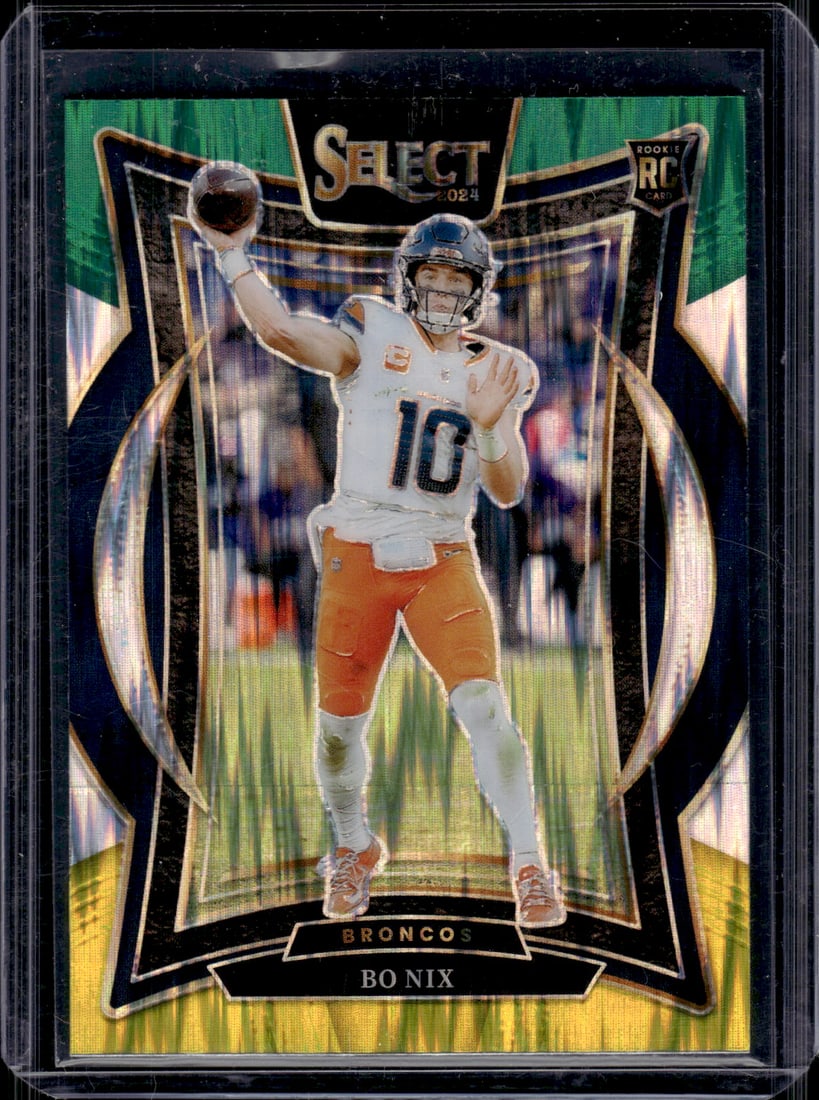 Bo Nix Rookie Card Green/Yellow Shock Prizm 2024 Select #30 Denver Broncos: Panini Select, Prizm, Mosaic, Contenders, Zenith, Phoenix, Illusions, Absolute, Rookie NFL Sports Trading Cards, SP, SSP, Cards, Football Cards for Sale Near Me, Superbowl & Hall of Fame Player Cards,