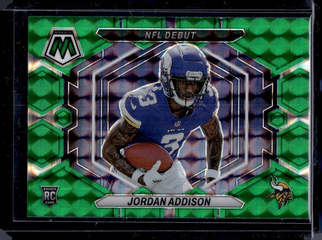 Jordan Addison Rookie Card Green Mosaic Prizm 2023 Mosaic #ND-14 Minnesota Vikings: Panini Select, Prizm, Mosaic, Contenders, Zenith, Phoenix, Illusions, Absolute, Rookie NFL Sports Trading Cards, SP, SSP, Cards, Football Cards for Sale Near Me, Superbowl & Hall of Fame Player Cards,