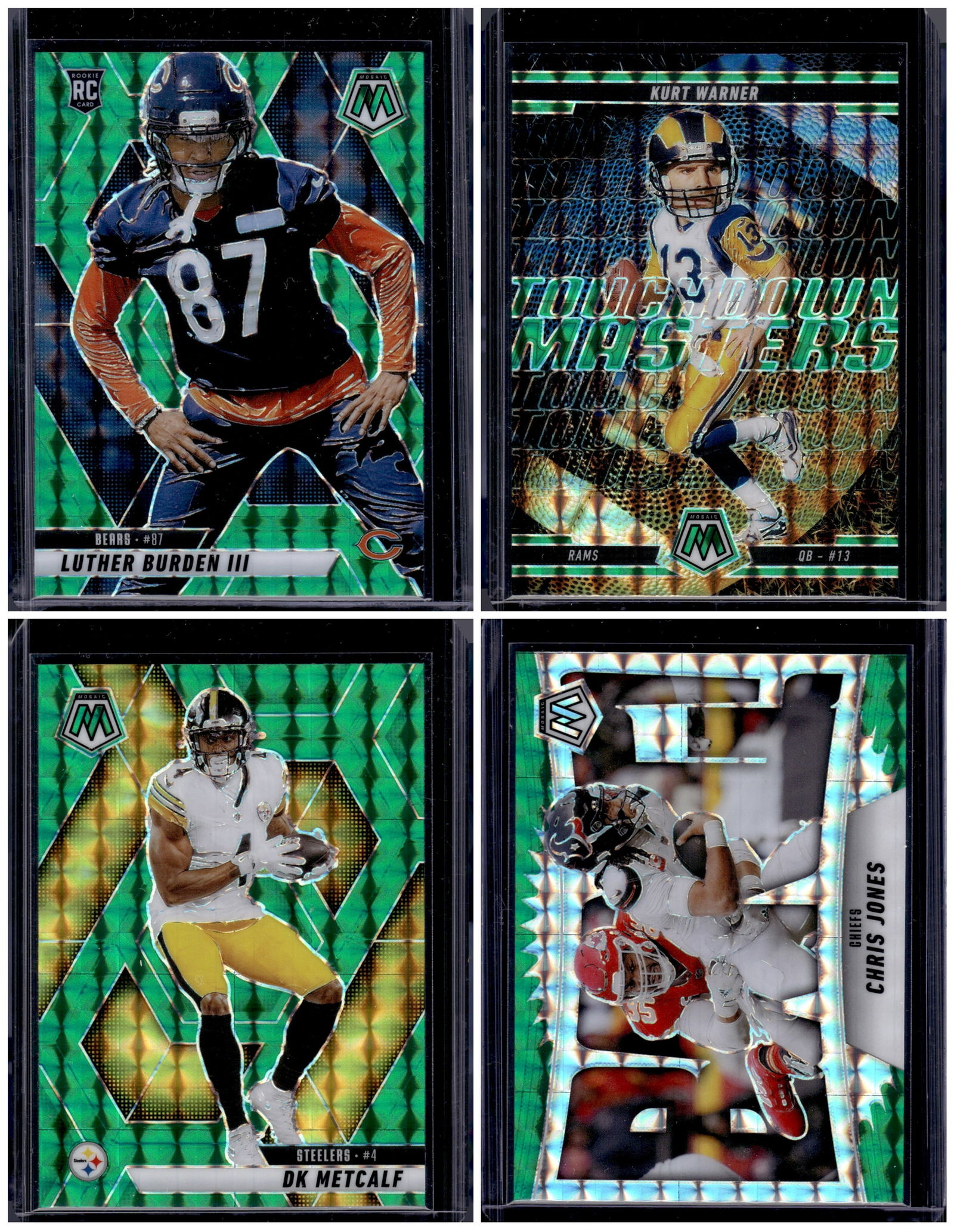 Lot of 4 2025 Mosaic NFL Green Mosaic Prizms. Burden RC, Warner, Metcalf, Chris Jones (1 of 1)