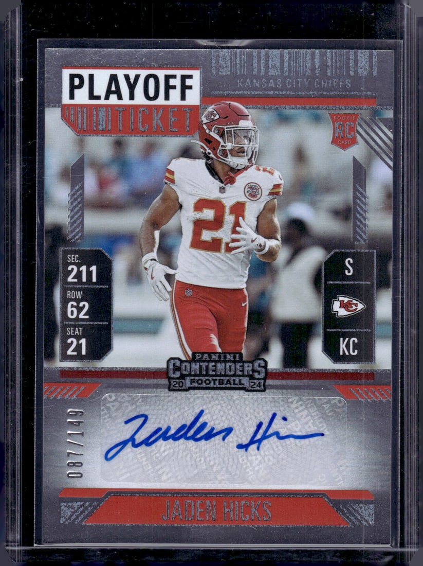 Jaden Hicks Playoff Ticket Rookie Auto /149 2024 Contenders #216 Kansas City Chiefs (1 of 2)