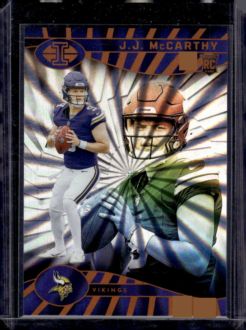 JJ McCarthy Rookie Card Sunburst Trophy Collection SSP 2024 Illusions #100 Vikings: Panini Select, Prizm, Mosaic, Contenders, Zenith, Phoenix, Illusions, Absolute, Rookie NFL Sports Trading Cards, SP, SSP, Cards, Football Cards for Sale Near Me, Superbowl & Hall of Fame Player Cards,