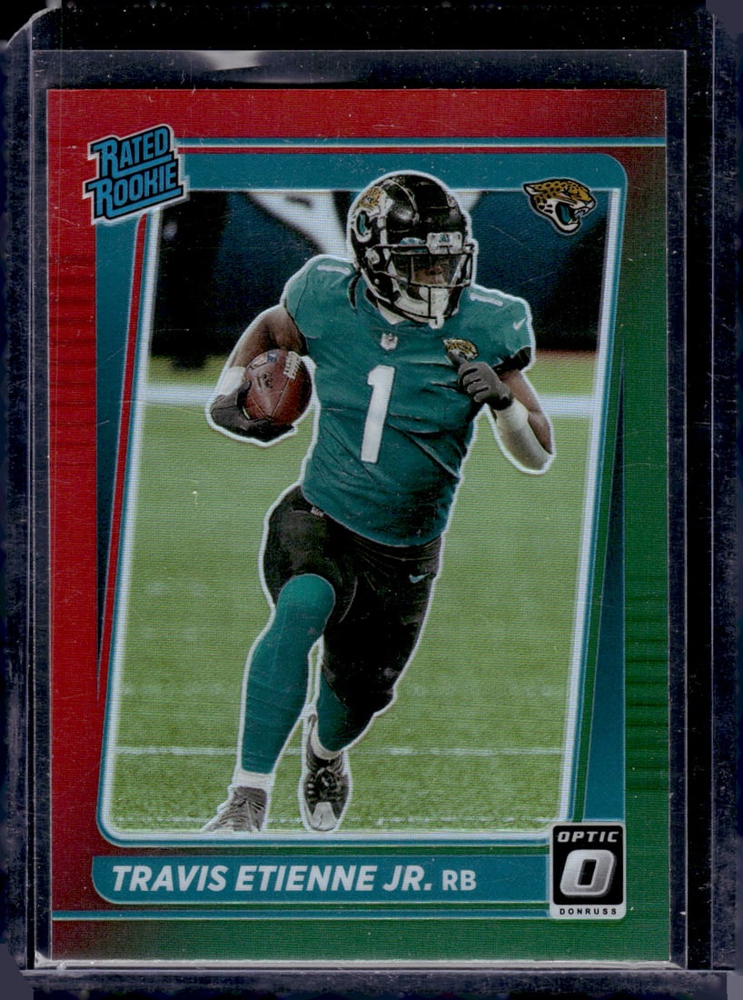 Travis Etienne Jr. Rookie Card Red/Green Prizm 2021 Donruss Optic #P-258 Jaguars: Panini Select, Prizm, Mosaic, Contenders, Zenith, Phoenix, Illusions, Absolute, Rookie NFL Sports Trading Cards, SP, SSP, Cards, Football Cards for Sale Near Me, Superbowl & Hall of Fame Player Cards,