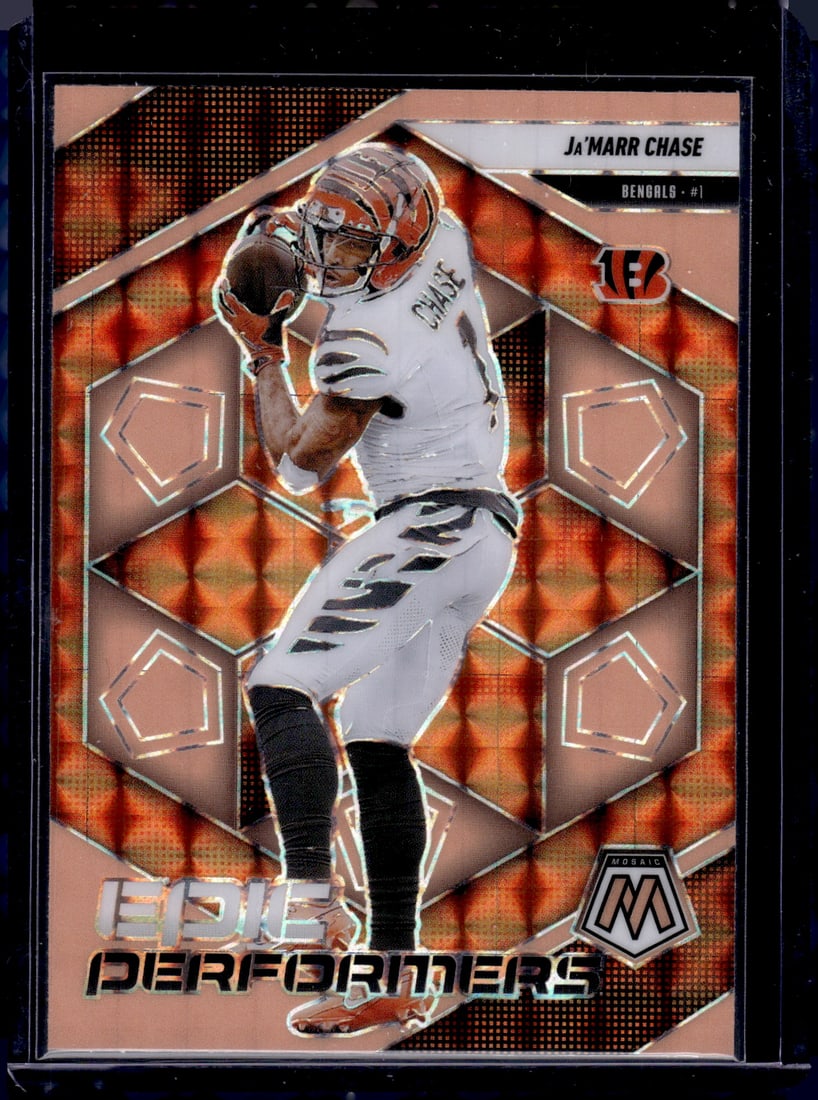 Ja'Marr Chase Epic Performers Orange Mosaic Prizm 2025 Mosaic #1 Bengals: Panini Select, Prizm, Mosaic, Contenders, Zenith, Phoenix, Illusions, Absolute, Rookie NFL Sports Trading Cards, SP, SSP, Cards, Football Cards for Sale Near Me, Superbowl & Hall of Fame Player Cards,