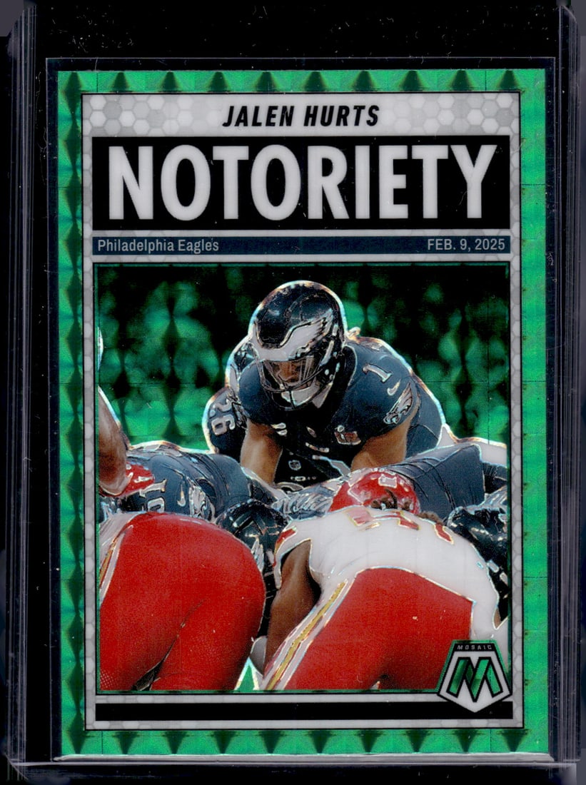 Jalen Hurts Notoriety Green Mosaic Prizm 2025 Mosaic #1 Philadelphia Ealges: Panini Select, Prizm, Mosaic, Contenders, Zenith, Phoenix, Illusions, Absolute, Rookie NFL Sports Trading Cards, SP, SSP, Cards, Football Cards for Sale Near Me, Superbowl & Hall of Fame Player Cards,
