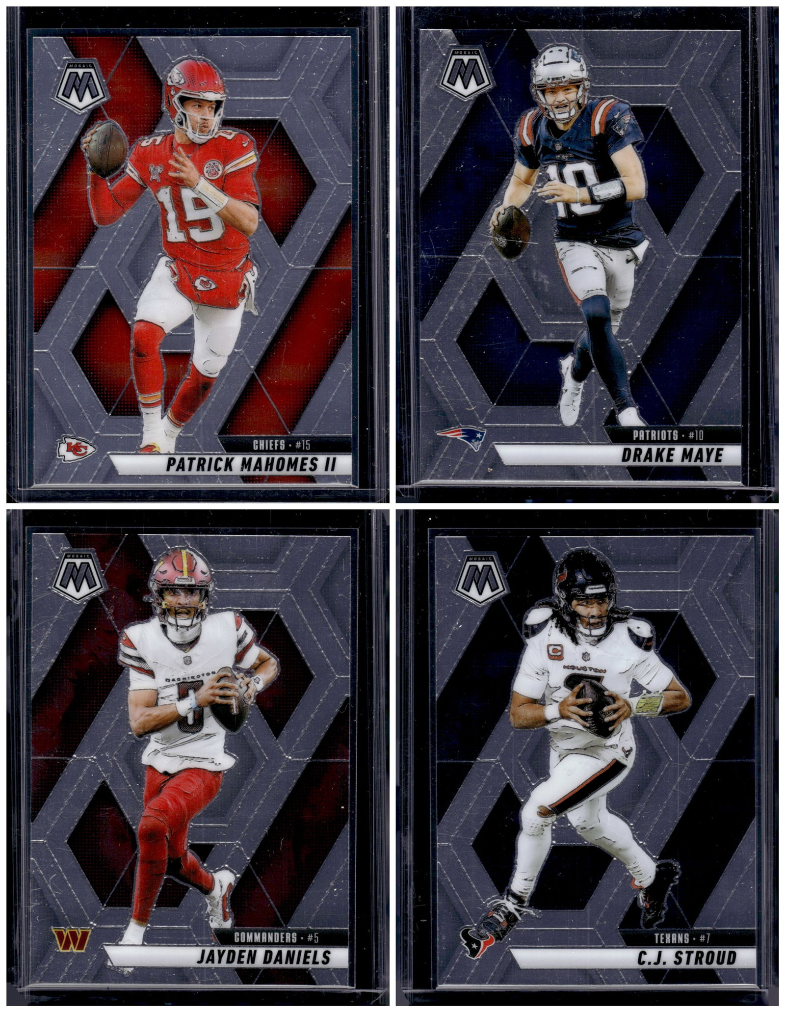 Lot of 4 2025 Mosaic NFL QB Base Cards. Mahomes, Maye, Daniels, Stroud: Panini Select, Prizm, Mosaic, Contenders, Zenith, Phoenix, Illusions, Absolute, Rookie NFL Sports Trading Cards, SP, SSP, Cards, Football Cards for Sale Near Me, Superbowl & Hall of Fame Player Cards,