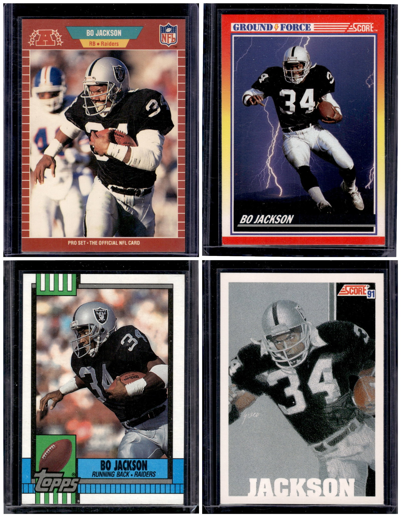 Lot of 4 Bo Jackson Football Cards. All Different, Late 80s & Early 90s: Topps Football NFL Trading Sports Cards, Sports Cards for Sale Near Me, Super Bowl & Hall of Fame Player Cards, Resurgence, Composite, SP, SSP, Valuable Auction Memorabilia Lots For Sale On Line