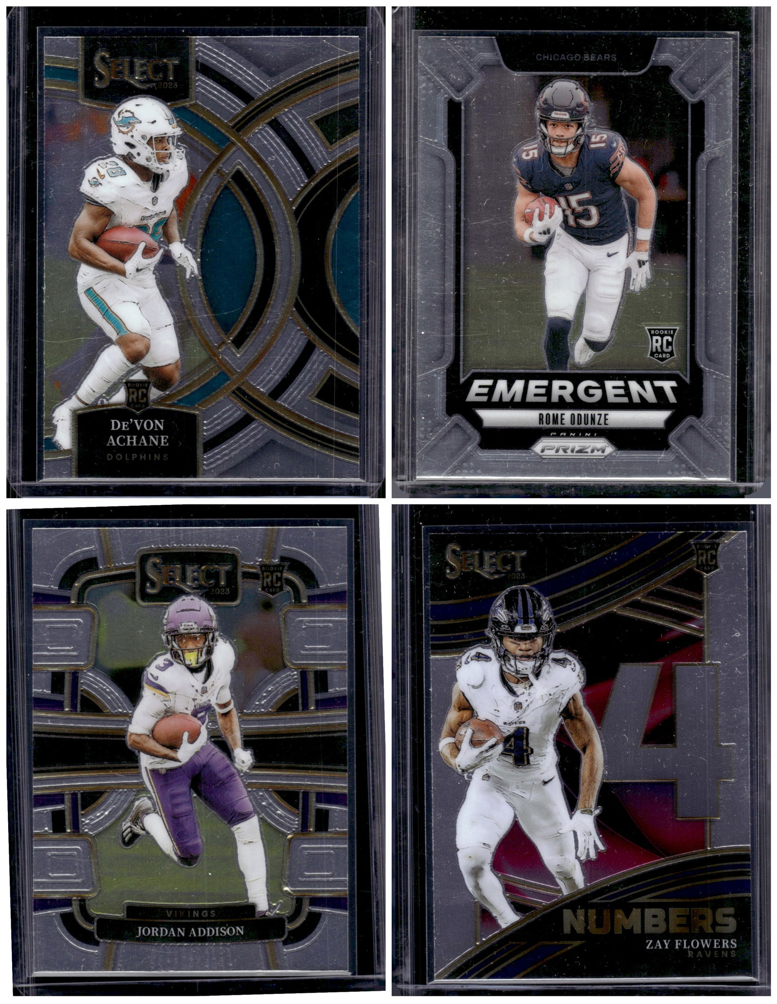 Lot of 4 NFL Rookie Cards. De'Von Achane, Rome Odunze, Jordan Addison, Zay Flowers: Panini Select, Prizm, Mosaic, Contenders, Zenith, Phoenix, Illusions, Absolute, Rookie NFL Sports Trading Cards, SP, SSP, Cards, Football Cards for Sale Near Me, Superbowl & Hall of Fame Player Cards,
