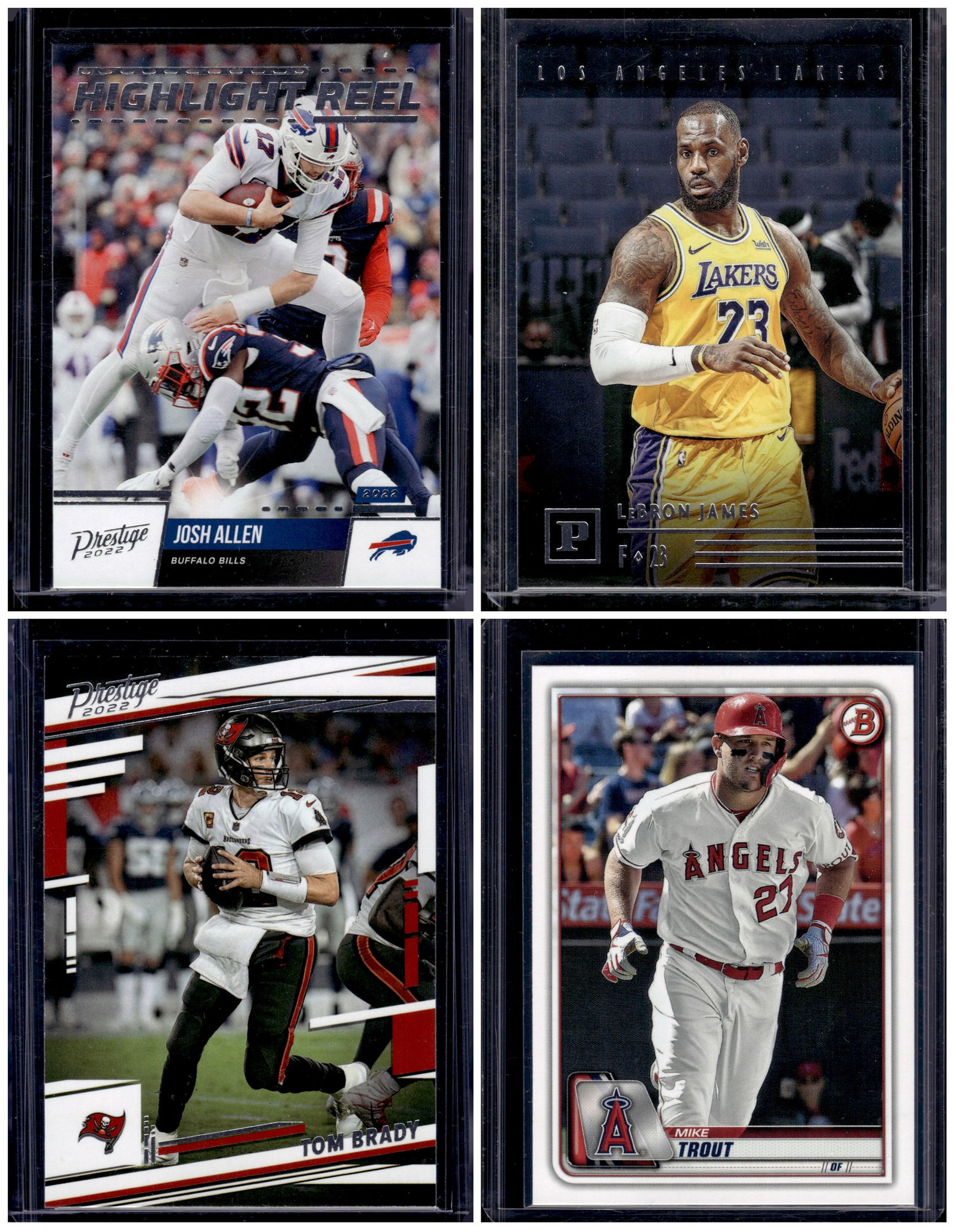 Multi Sport Lot of 4 Superstars. Josh Allen, LeBron James, Tom Brady, Mike Trout: Panini Select, Prizm, Mosaic, Contenders, Zenith, Phoenix, Illusions, Absolute, Rookie NFL Sports Trading Cards, SP, SSP, Cards, Football Cards for Sale Near Me, Superbowl & Hall of Fame Player Cards,