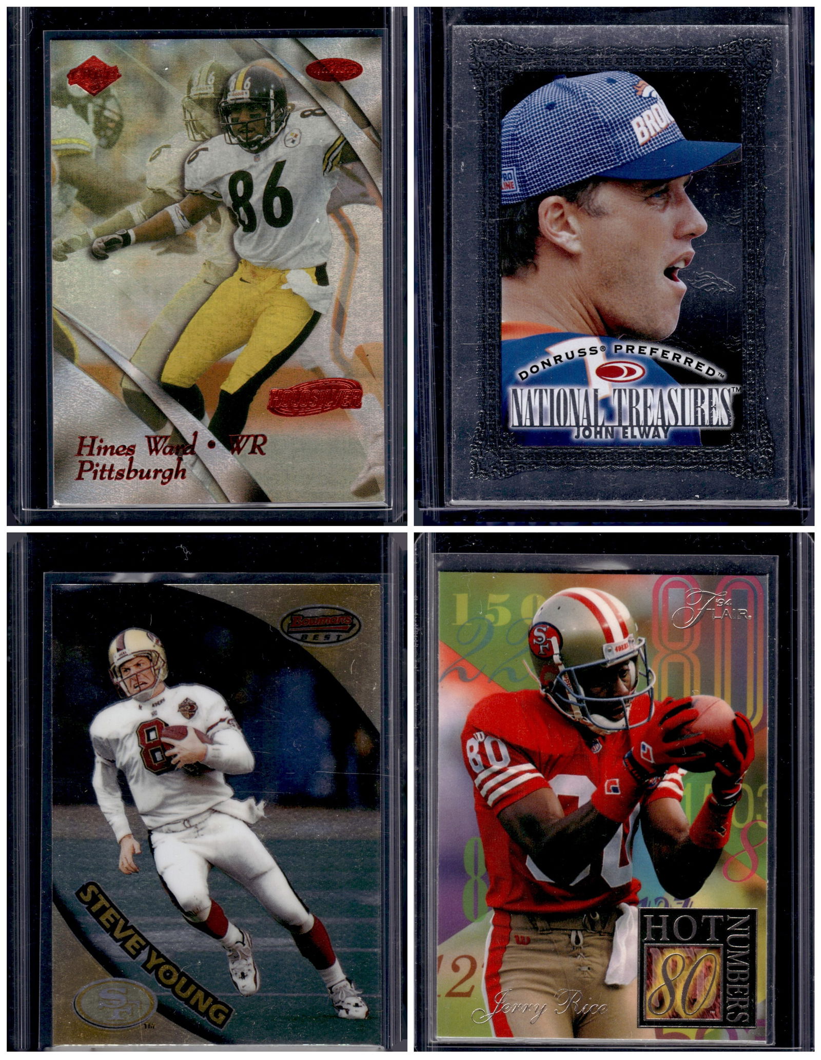 Lot of 4 1990s Football Cards. Hines Ward /3500, Jerry Rice, John Elway, Steve Young (1 of 2)