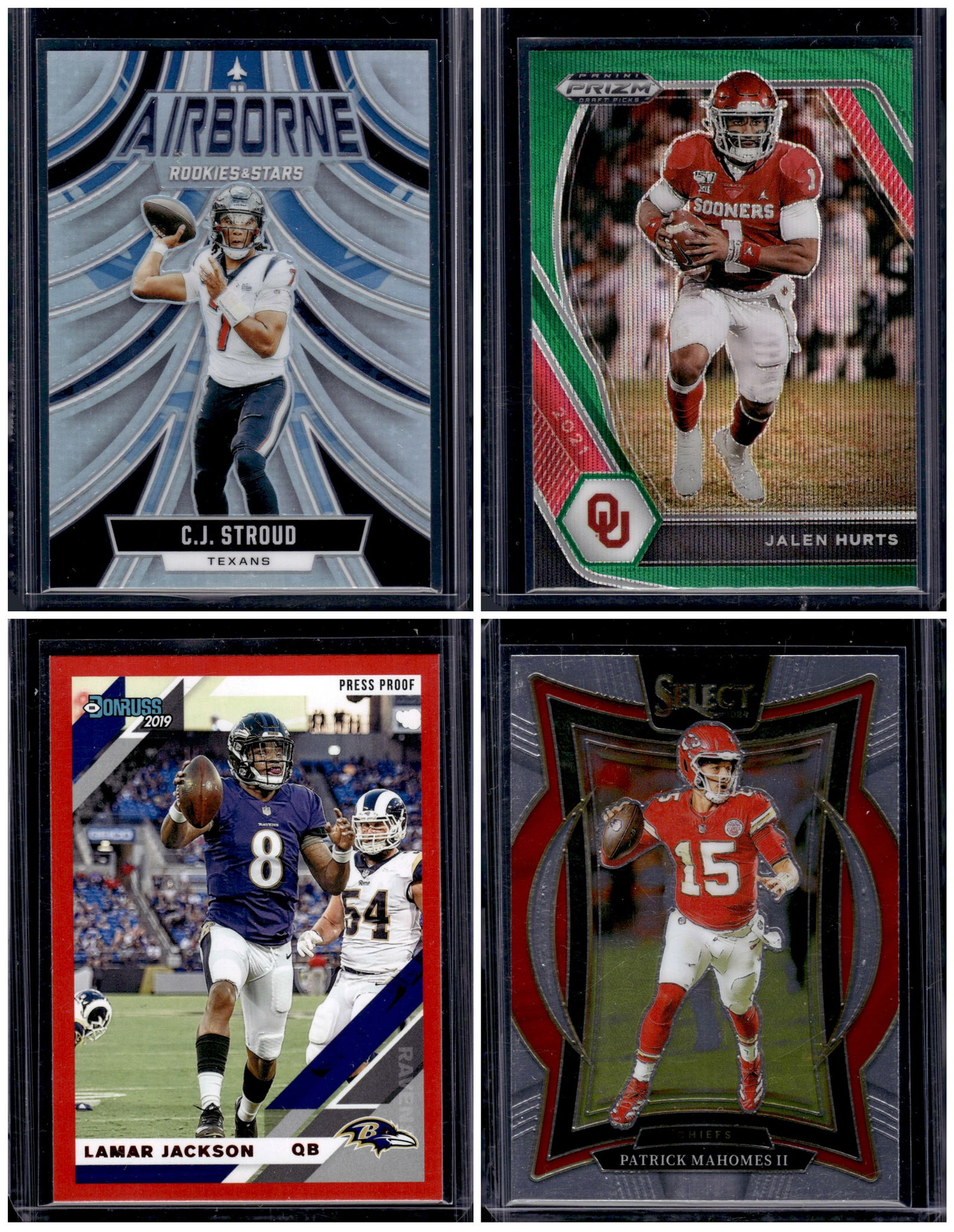 Lot of 4 NFL QB Cards. Stroud Silver Prizm, Hurts Green Wave, Lamar Red, Mahomes Base: Panini Select, Prizm, Mosaic, Contenders, Zenith, Phoenix, Illusions, Absolute, Rookie NFL Sports Trading Cards, SP, SSP, Cards, Football Cards for Sale Near Me, Superbowl & Hall of Fame Player Cards,