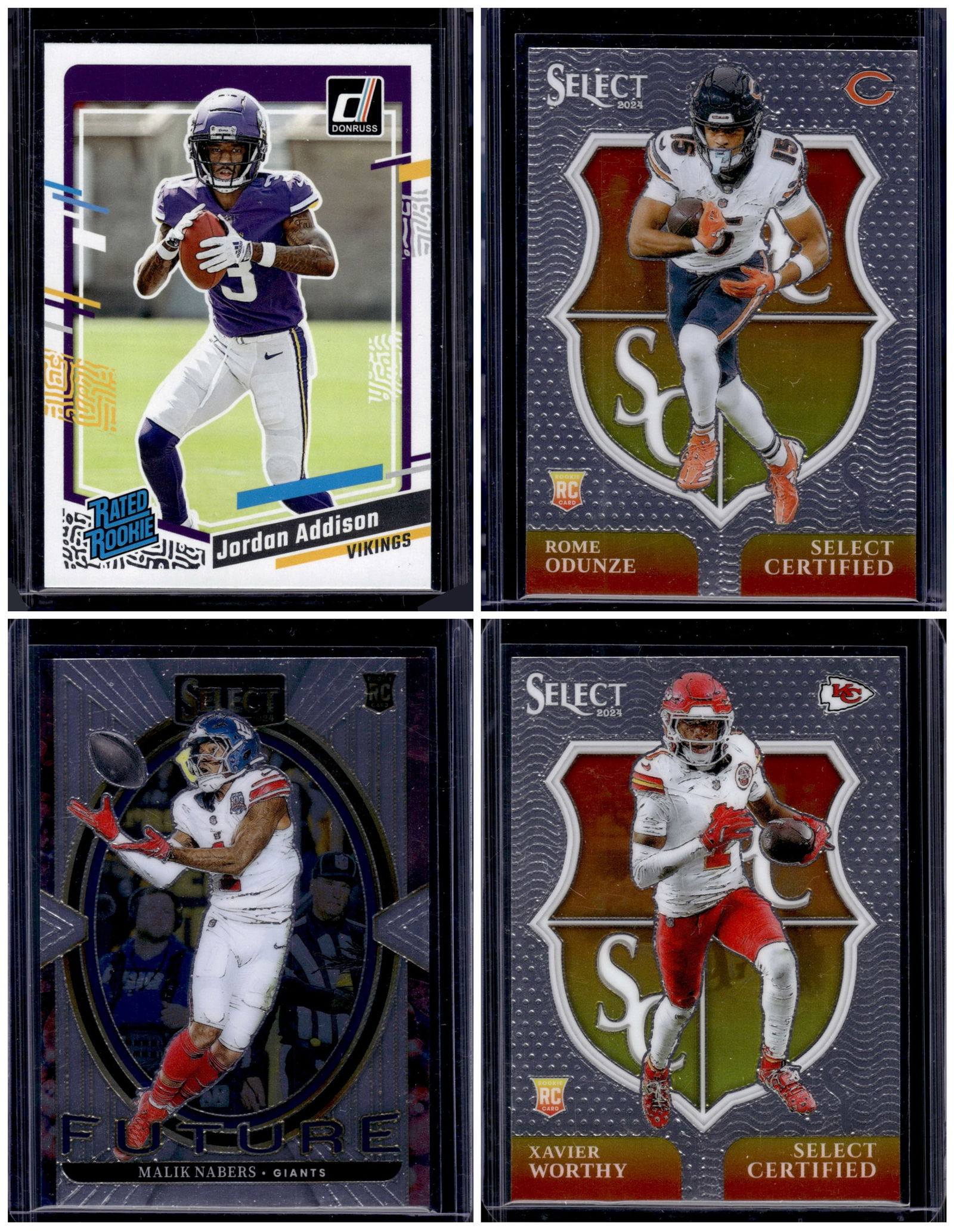 Lot of 4 NFL WR Rookie Cards. Jordan Addison, Rome Odunze, Malik Nabers, Xavier Worthy: Panini Select, Prizm, Mosaic, Contenders, Zenith, Phoenix, Illusions, Absolute, Rookie NFL Sports Trading Cards, SP, SSP, Cards, Football Cards for Sale Near Me, Superbowl & Hall of Fame Player Cards,
