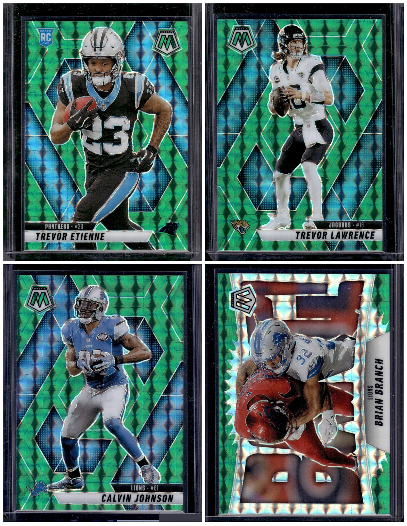 Lot of 4 2025 Mosaic NFL Green Mosaic Prizms. Etienne RC, Lawrence, Calvin Johnson, Branch (1 of 2)