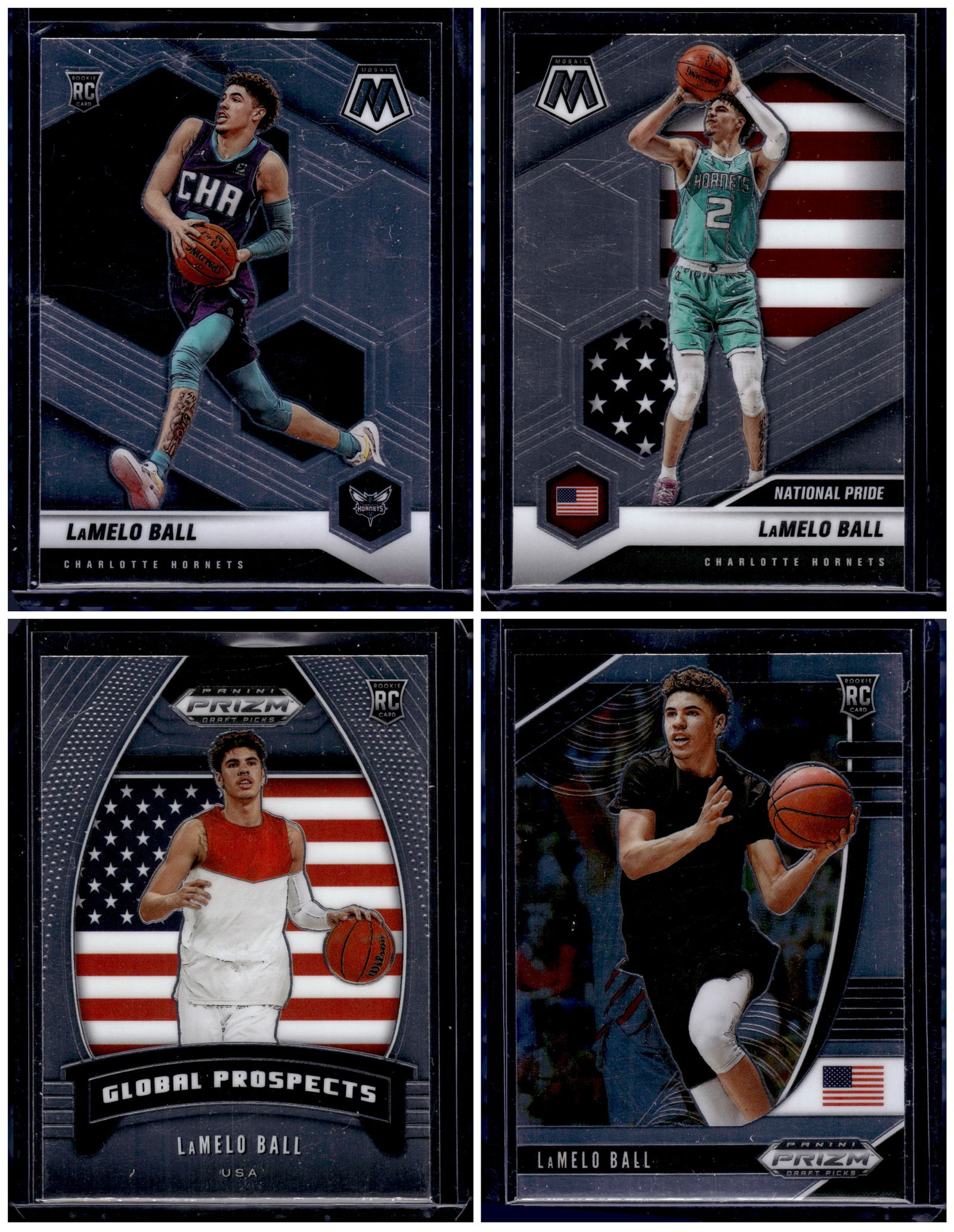 Lot of 4 LaMelo Ball Rookies Cards. 2 Mosaic & 2 Prizm Draft Picks. All Different (1 of 2)