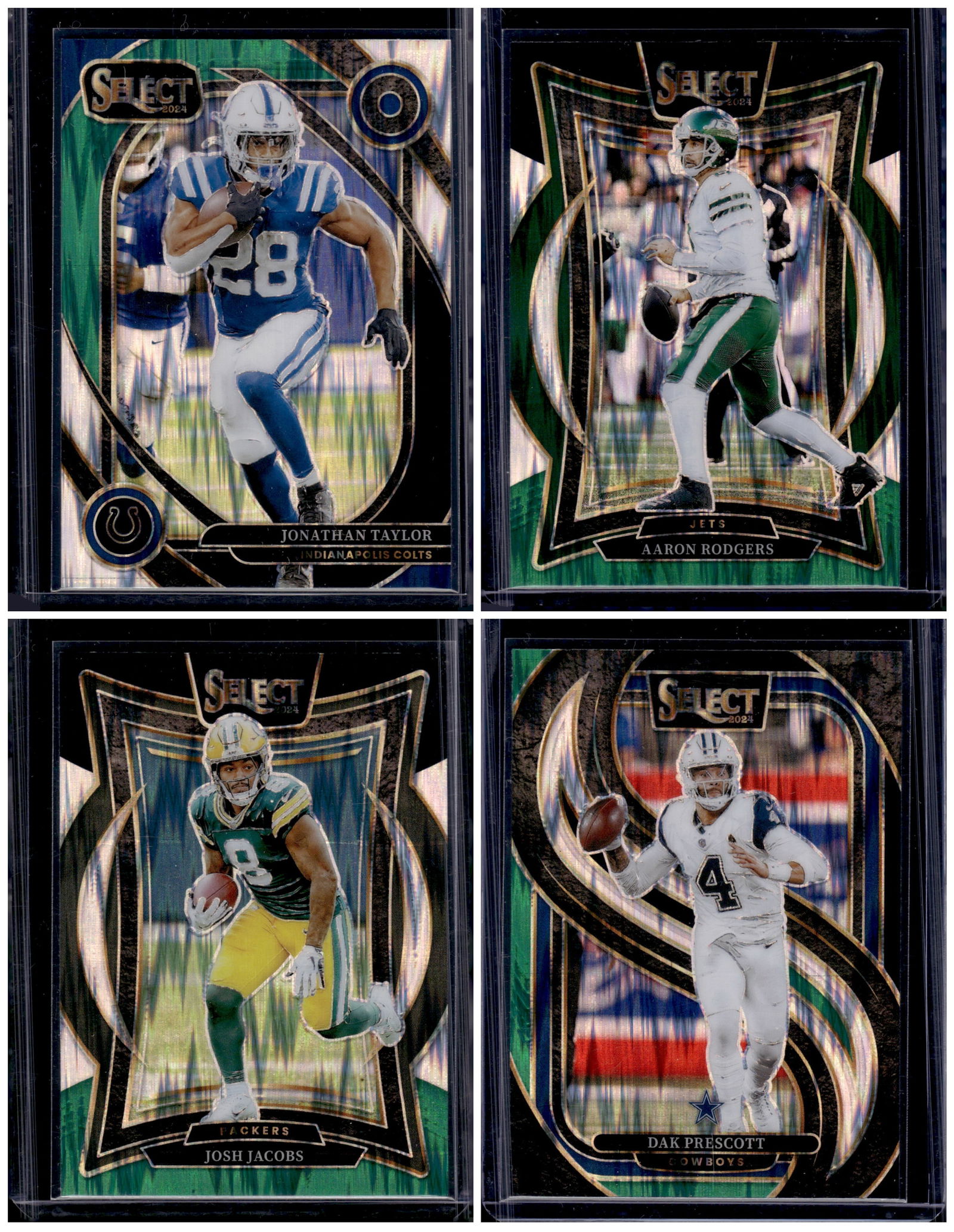 Lot of 4 2024 Select NFL Green/Black Shock Prizms. Taylor, Jacobs, Prescott, Rodgers: Panini Select, Prizm, Mosaic, Contenders, Zenith, Phoenix, Illusions, Absolute, Rookie NFL Sports Trading Cards, SP, SSP, Cards, Football Cards for Sale Near Me, Superbowl & Hall of Fame Player Cards,