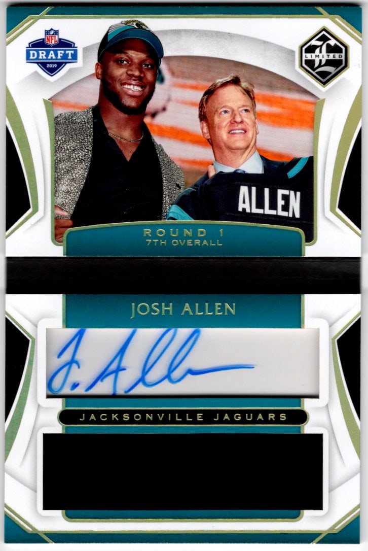 Josh Hines Allen Rookie Patch Auto Booklet /55 2019 Panini Limited #DD-JA Jaguars: Panini Select, Prizm, Mosaic, Contenders, Zenith, Phoenix, Illusions, Absolute, Rookie NFL Sports Trading Cards, SP, SSP, Cards, Football Cards for Sale Near Me, Superbowl & Hall of Fame Player Cards,