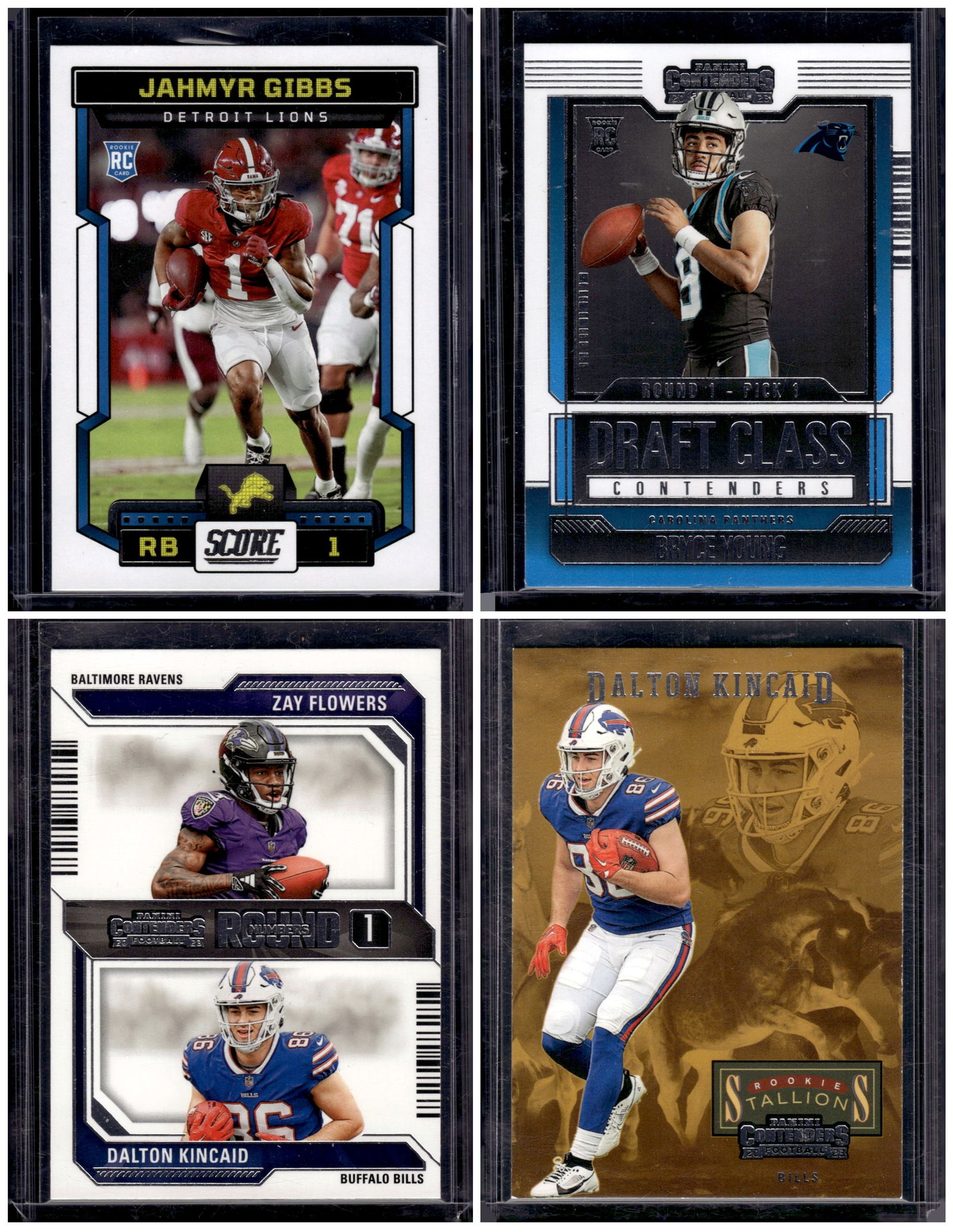 Lot of 4 NFL Rookie Cards. Jahmyr Gibbs, Bryce Young, Flowers/Kincaid, Dalton Kincaid (1 of 2)