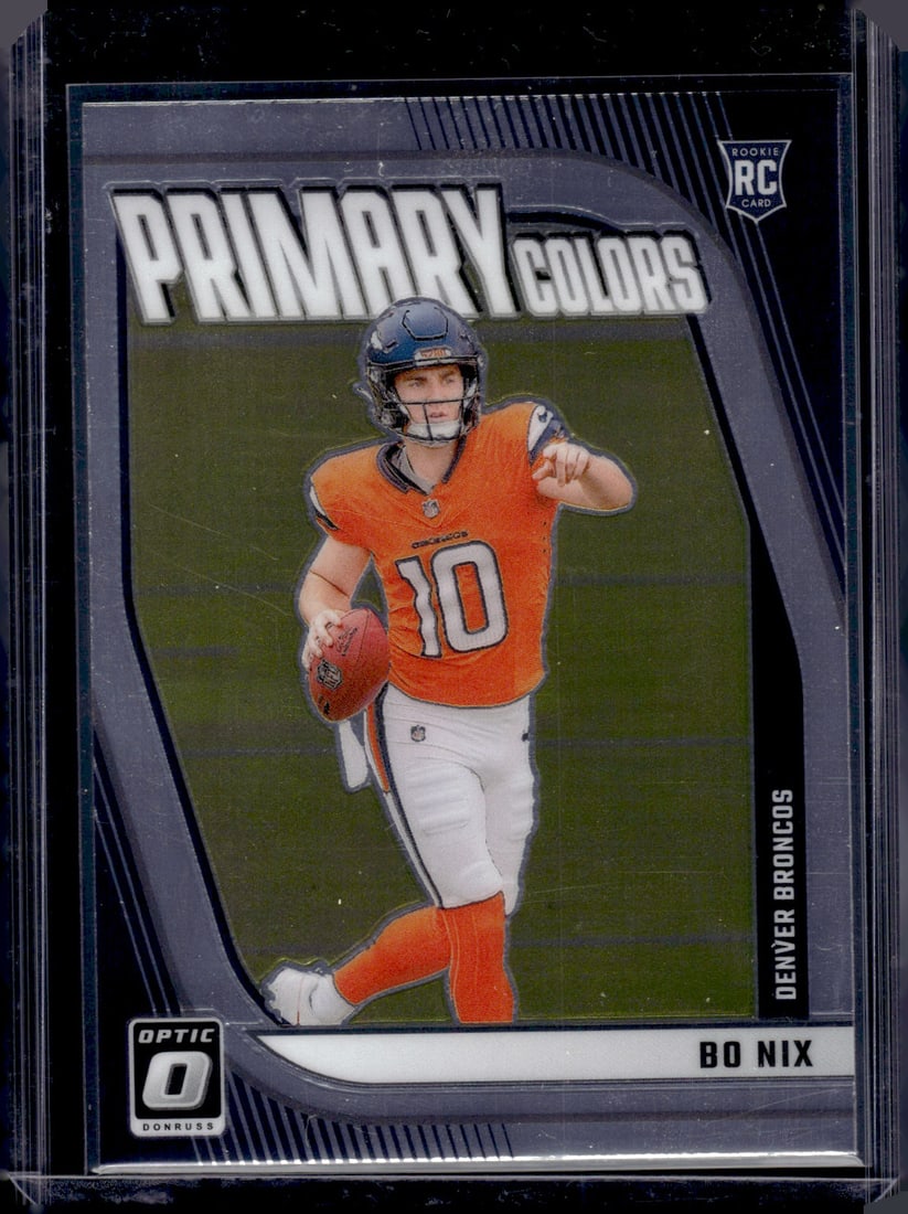 Bo Nix Rookie Card Primary Colors 2024 Donruss Optic #4 Denver Broncos: Panini Select, Prizm, Mosaic, Contenders, Zenith, Phoenix, Illusions, Absolute, Rookie NFL Sports Trading Cards, SP, SSP, Cards, Football Cards for Sale Near Me, Superbowl & Hall of Fame Player Cards,