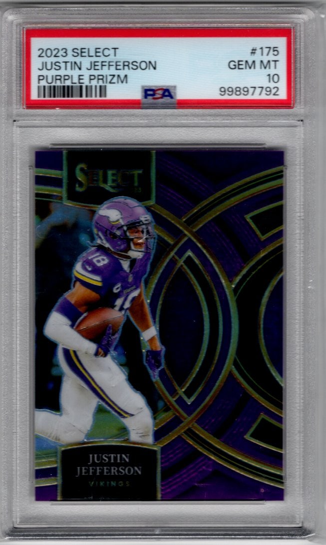 Justin Jefferson Purple Prizm /75 2023 Select #175 PSA 10 Minnesota Vikings: Panini Select, Prizm, Mosaic, Contenders, Zenith, Phoenix, Illusions, Absolute, Rookie NFL Sports Trading Cards, SP, SSP, Cards, Football Cards for Sale Near Me, Superbowl & Hall of Fame Player Cards,