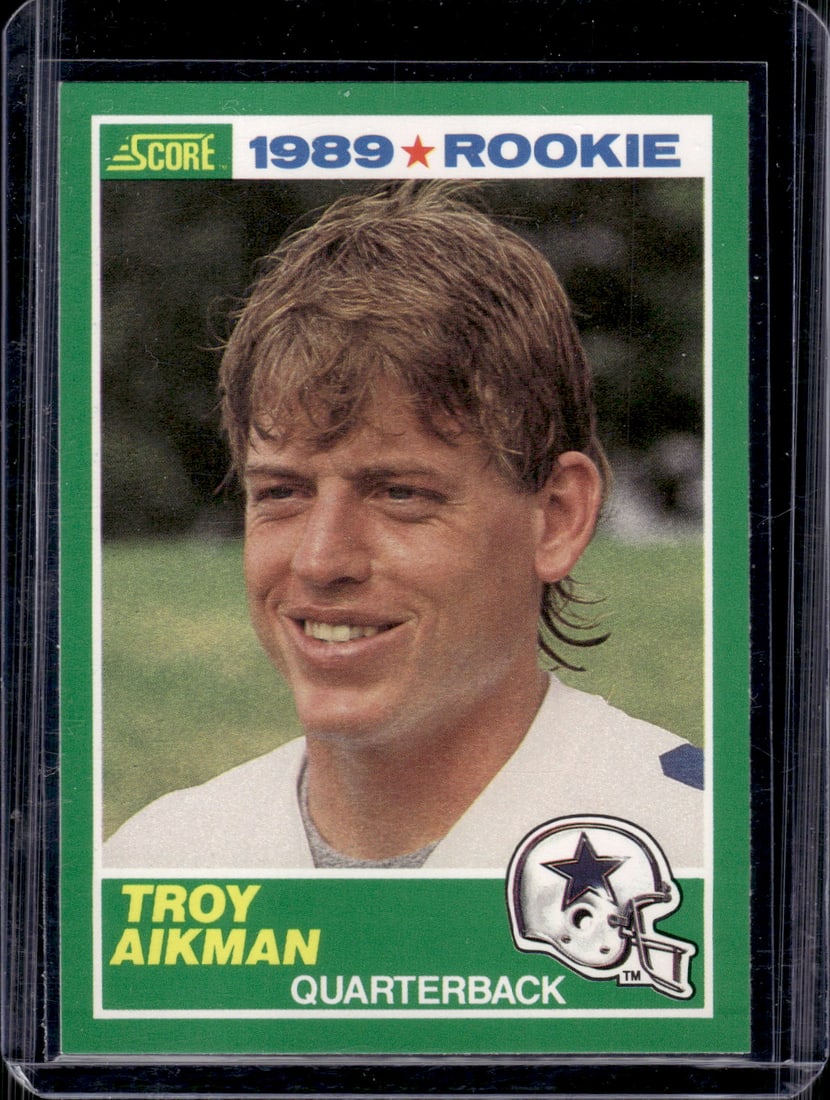 Troy Aikman Rookie Card 1989 Score #270 Dallas Cowboys: Panini Select, Prizm, Mosaic, Contenders, Zenith, Phoenix, Illusions, Absolute, Rookie NFL Sports Trading Cards, SP, SSP, Cards, Football Cards for Sale Near Me, Superbowl & Hall of Fame Player Cards,