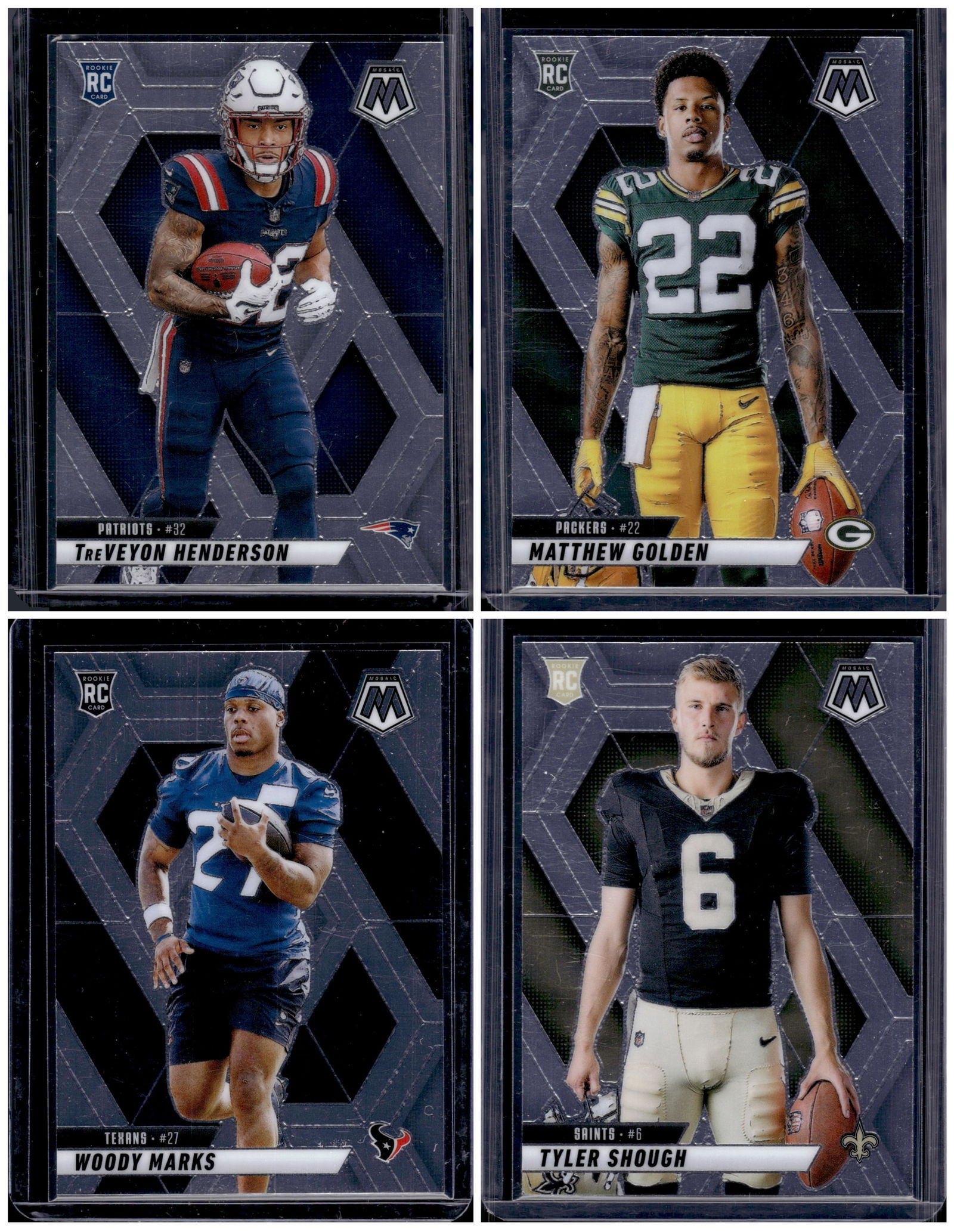 Lot of 4 2025 Mosaic NFL Rookie Cards. TreVeyon Hendeson, Golden, Marks, Shough: Panini Select, Prizm, Mosaic, Contenders, Zenith, Phoenix, Illusions, Absolute, Rookie NFL Sports Trading Cards, SP, SSP, Cards, Football Cards for Sale Near Me, Superbowl & Hall of Fame Player Cards,