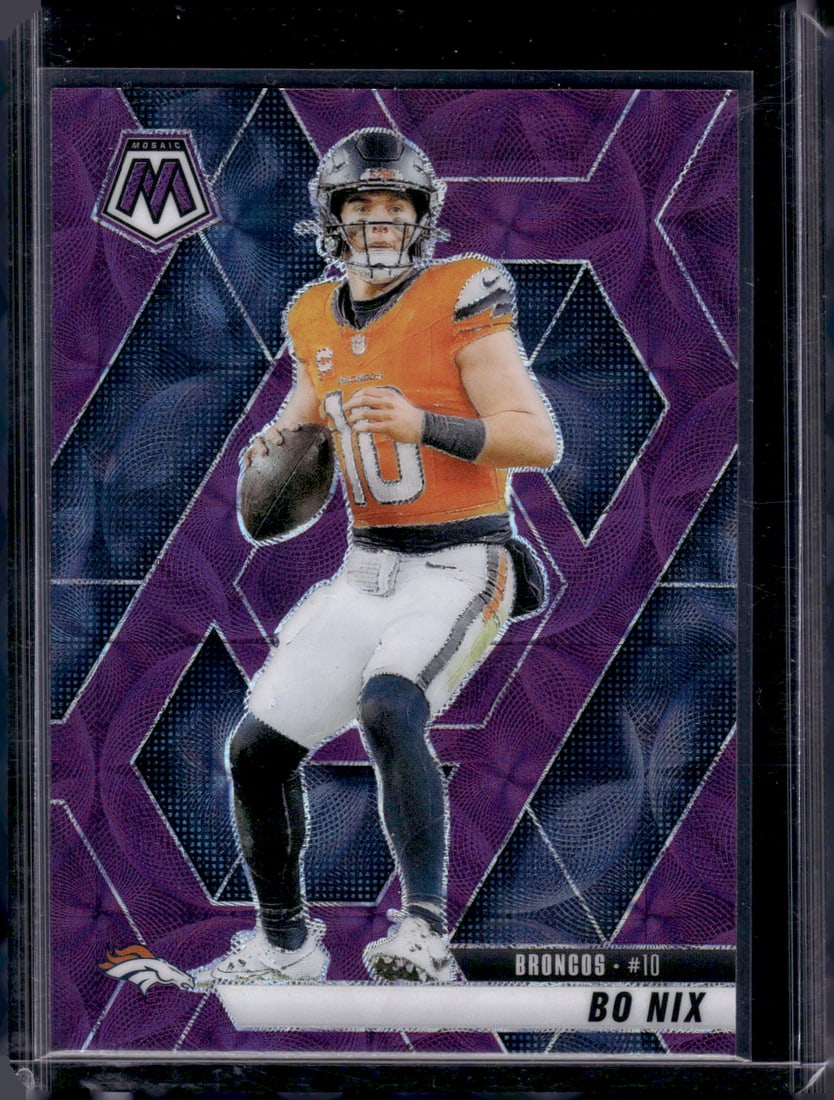 Bo Nix Purple Scope Prizm 2025 Mosaic #173 Denver Broncos: Panini Select, Prizm, Mosaic, Contenders, Zenith, Phoenix, Illusions, Absolute, Rookie NFL Sports Trading Cards, SP, SSP, Cards, Football Cards for Sale Near Me, Superbowl & Hall of Fame Player Cards,