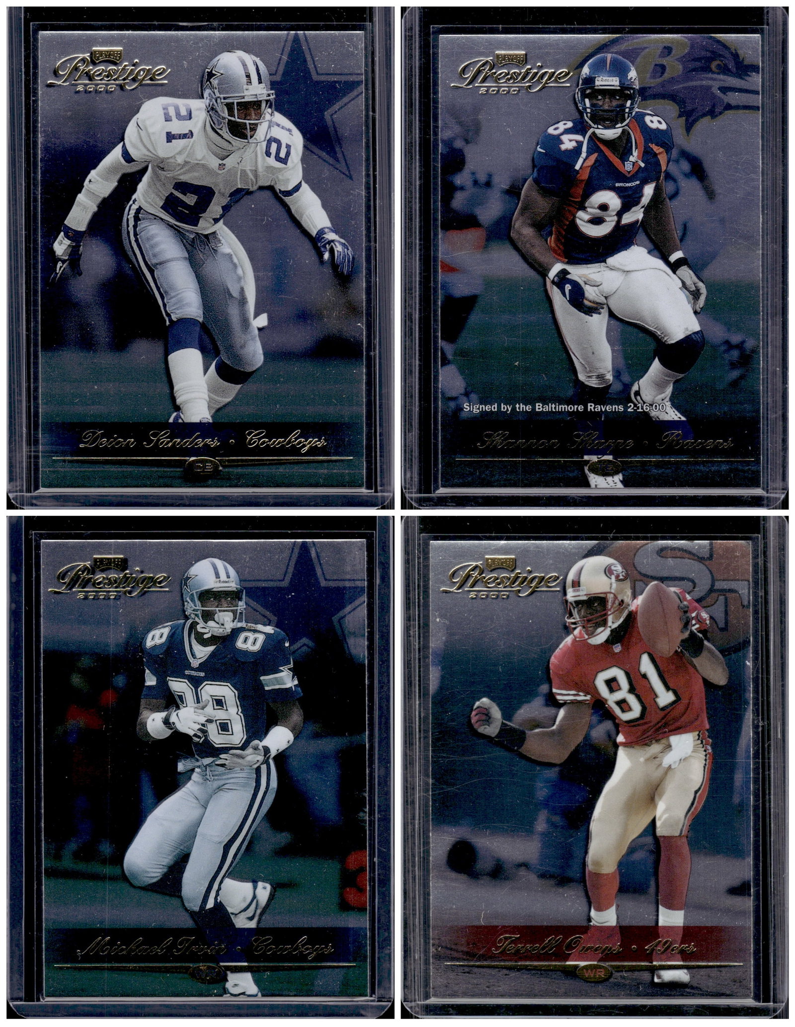 Lot of 4 2000 Playoff Prestige Football Cards. Sanders, Sharpe, Irving, Owens: Panini Select, Prizm, Mosaic, Contenders, Zenith, Phoenix, Illusions, Absolute, Rookie NFL Sports Trading Cards, SP, SSP, Cards, Football Cards for Sale Near Me, Superbowl & Hall of Fame Player Cards,