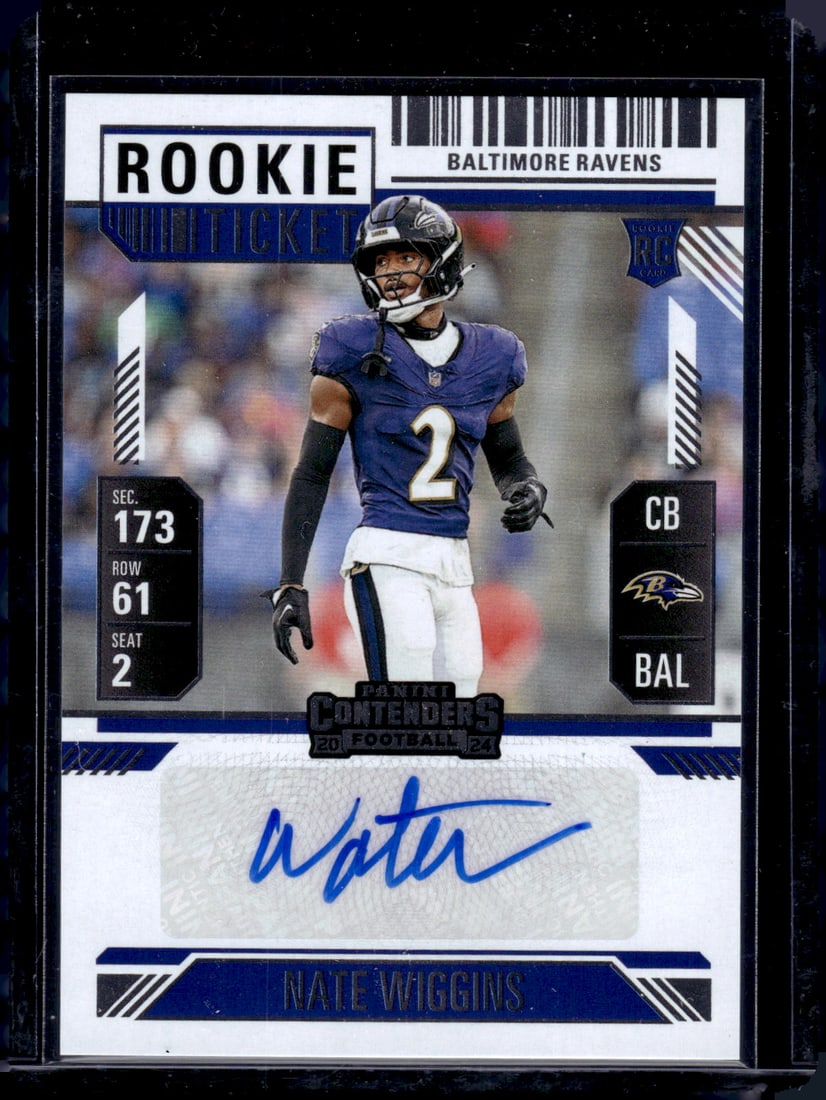 Nate Wiggins Rookie Ticket Auto 2024 Panini Contenders #150 Baltimore Ravens: Panini Select, Prizm, Mosaic, Contenders, Zenith, Phoenix, Illusions, Absolute, Rookie NFL Sports Trading Cards, SP, SSP, Cards, Football Cards for Sale Near Me, Superbowl & Hall of Fame Player Cards,