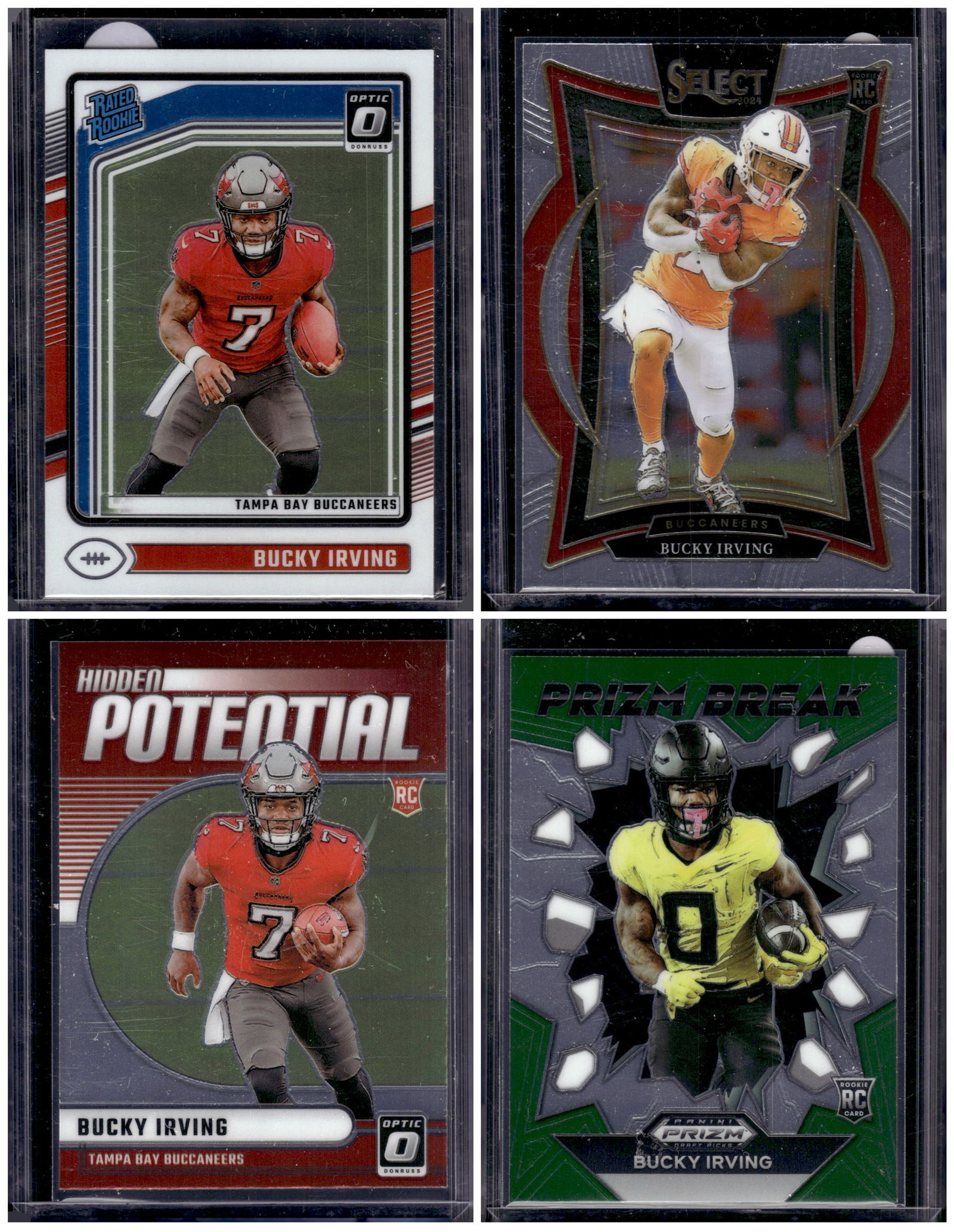 Lot of 4 Bucky Irving Rookie Cards. All Panini, All Different, See Pictures: Panini Select, Prizm, Mosaic, Contenders, Zenith, Phoenix, Illusions, Absolute, Rookie NFL Sports Trading Cards, SP, SSP, Cards, Football Cards for Sale Near Me, Superbowl & Hall of Fame Player Cards,