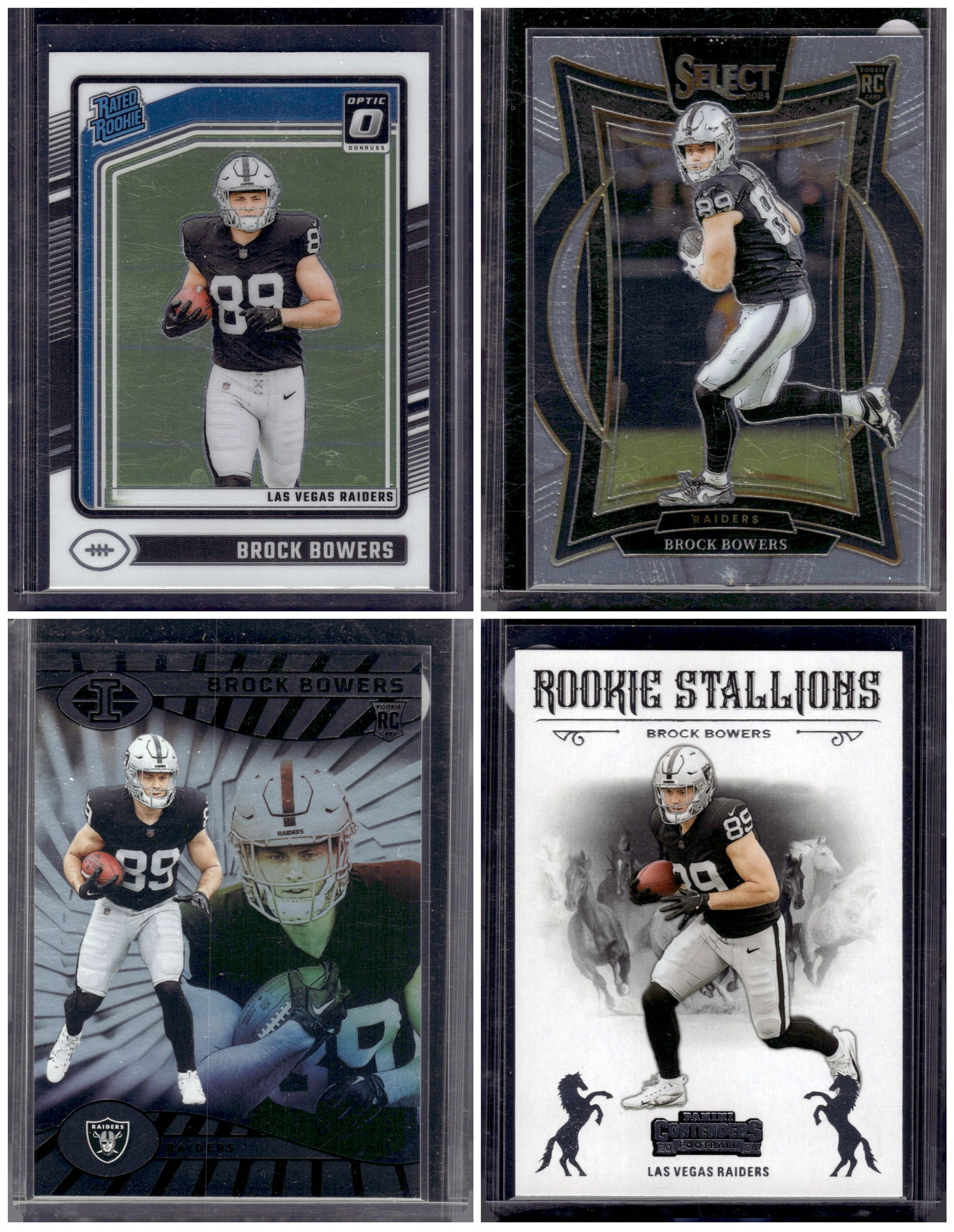 Lot of 4 Brock Bowers Rookie Cards. All Panini, All Different. Las Vegas Raiders: Panini Select, Prizm, Mosaic, Contenders, Zenith, Phoenix, Illusions, Absolute, Rookie NFL Sports Trading Cards, SP, SSP, Cards, Football Cards for Sale Near Me, Superbowl & Hall of Fame Player Cards,