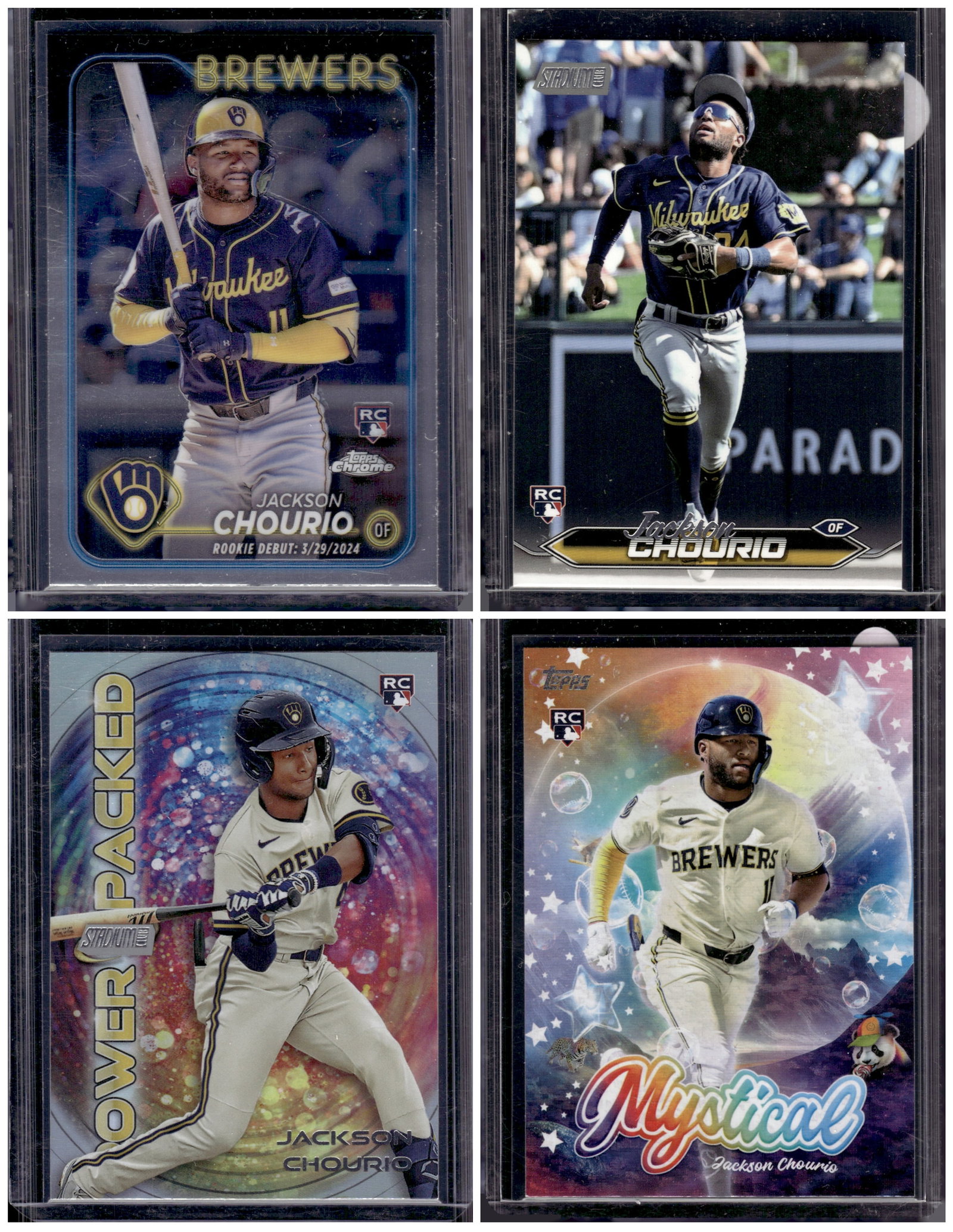 Lot of 4 Jackson Chourio Rookie Cards. All Topps, All Different: Topps Baseball MLB Trading & Sports Cards, Sports Cards for Sale Near Me, World Series & Hall of Fame Players Memorabilia, Refractors, X-Fractors, Numbered, SP, SSP, Valuable Auction Memorabilia Lots 