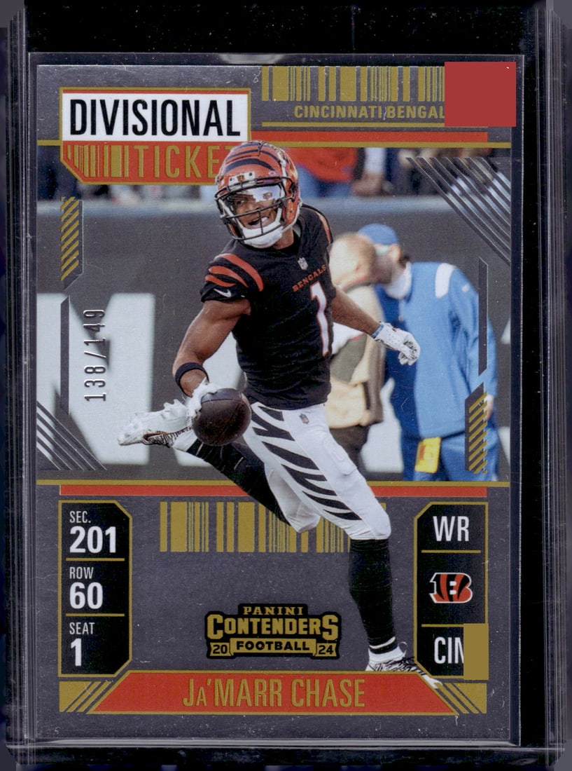 Ja'Marr Chase Divisional Ticket /149 2024 Contenders #21 Cincinnati Bengals: Panini Select, Prizm, Mosaic, Contenders, Zenith, Phoenix, Illusions, Absolute, Rookie NFL Sports Trading Cards, SP, SSP, Cards, Football Cards for Sale Near Me, Superbowl & Hall of Fame Player Cards,