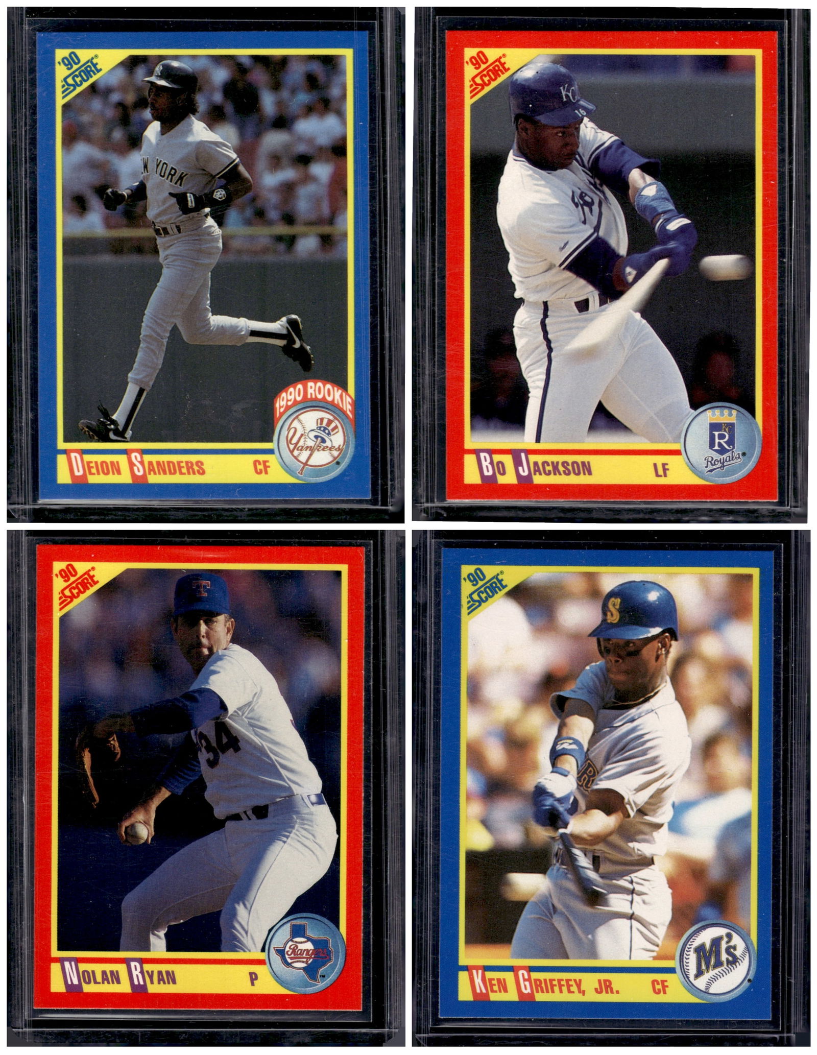 Lot of 4 1990 Score Baseball Cards. Sanders RC, Bo Jackson, Nolan Ryan, Ken Griffey Jr. (1 of 2)