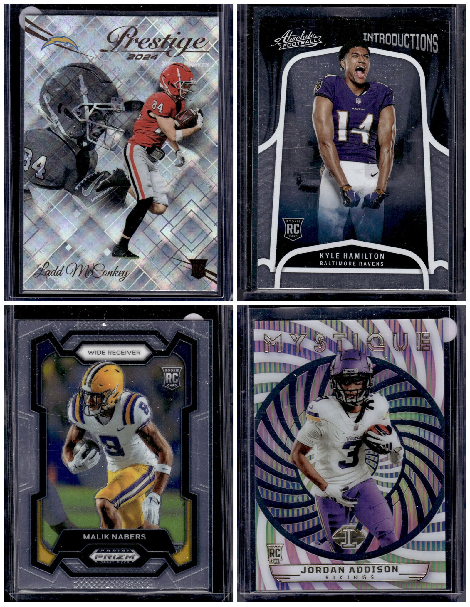 Lot of 4 NFL Rookie Cards. McConkey, Hamilton, Nabers, Addison: Panini Select, Prizm, Mosaic, Contenders, Zenith, Phoenix, Illusions, Absolute, Rookie NFL Sports Trading Cards, SP, SSP, Cards, Football Cards for Sale Near Me, Superbowl & Hall of Fame Player Cards,